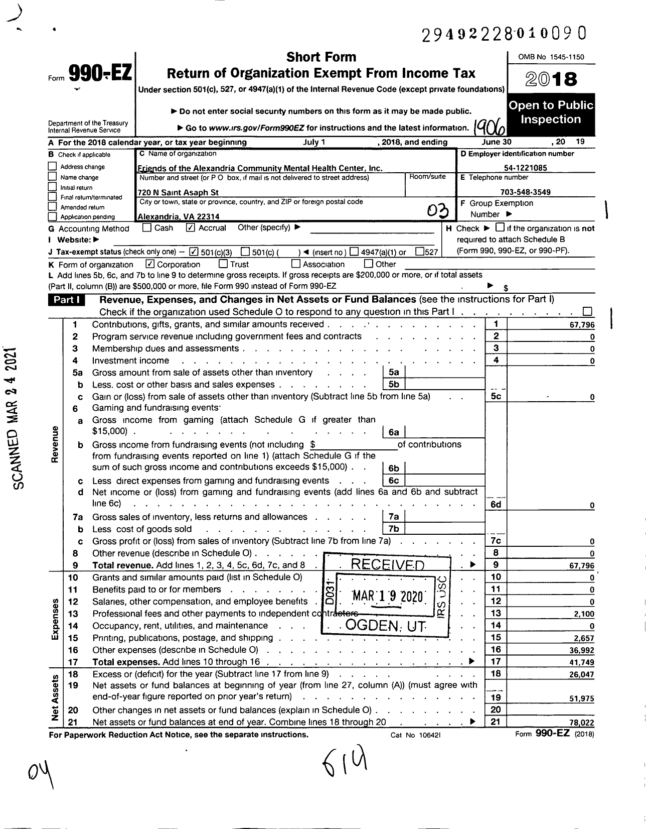 Image of first page of 2018 Form 990EZ for Friends of the Alexandria Community Mental Health Center