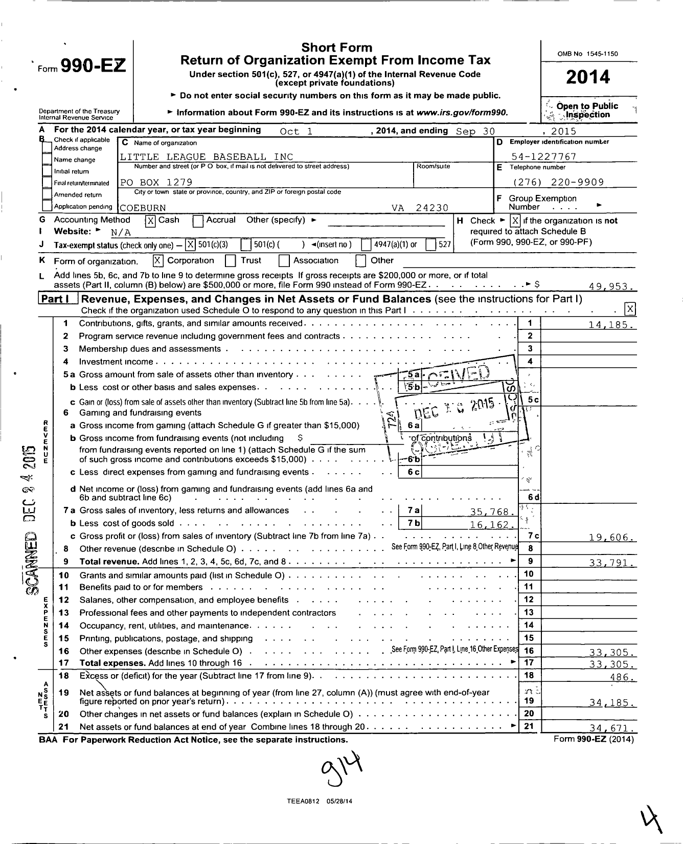 Image of first page of 2014 Form 990EZ for Little League Baseball - 3461304 Coeburn LL