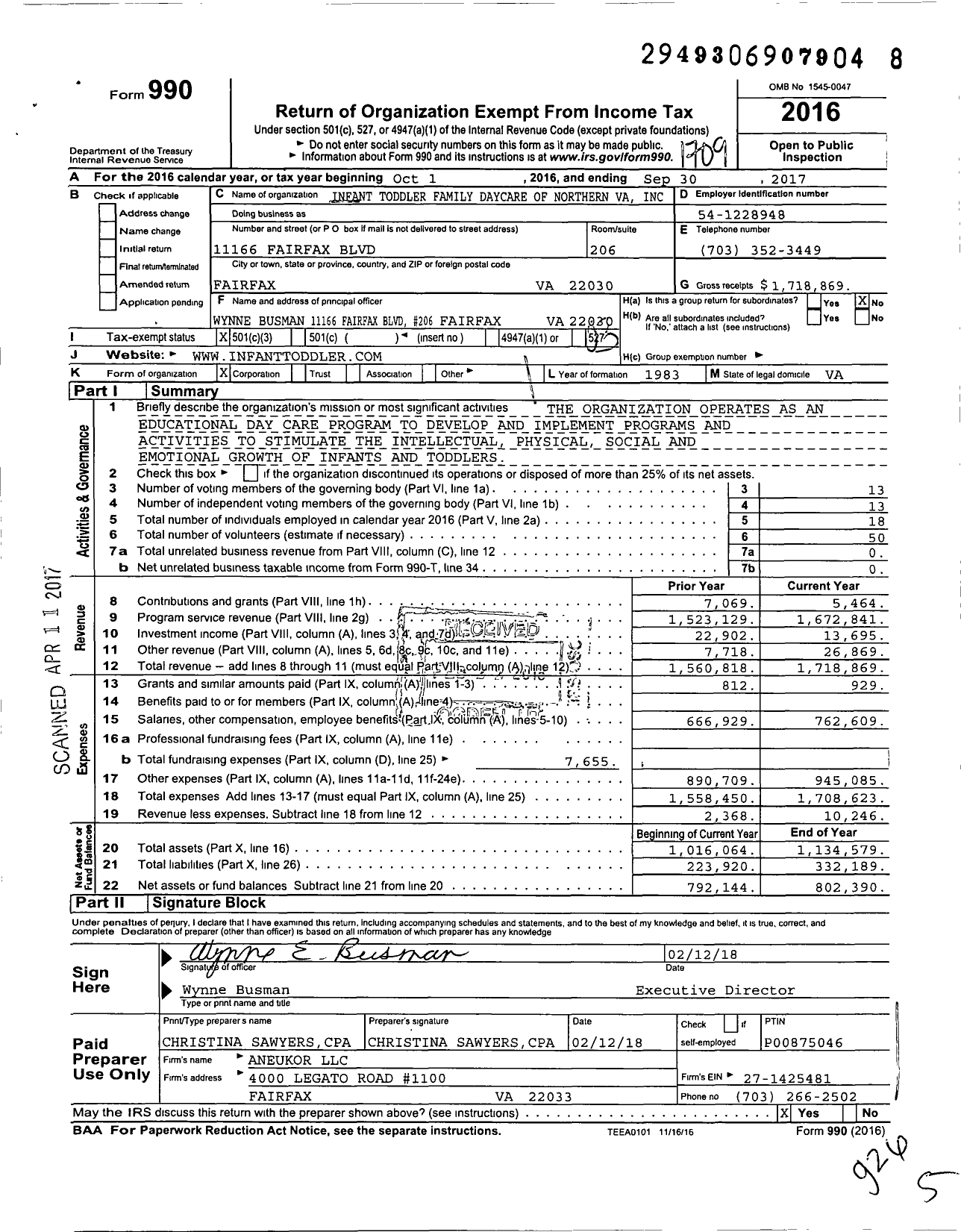 Image of first page of 2016 Form 990 for Infant Toddler Family Day Care of Northern Virginia (ITFDC)