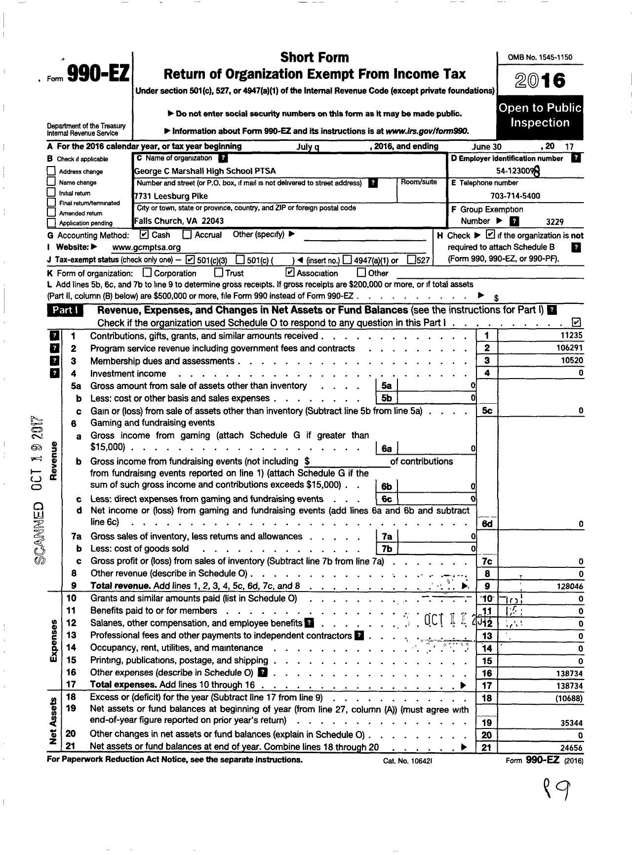 Image of first page of 2016 Form 990EZ for Virginia PTA - George C Marshall High PTSA