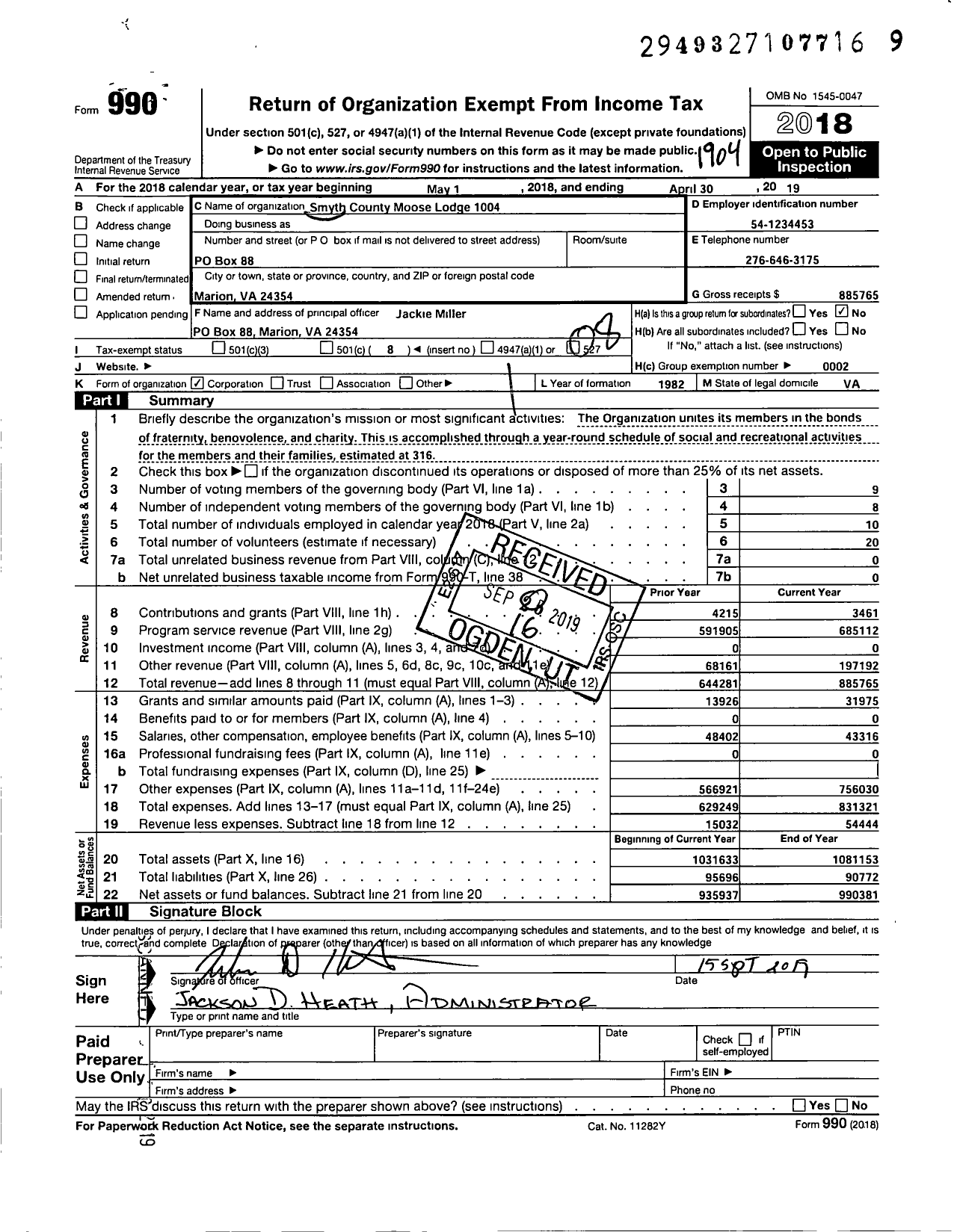 Image of first page of 2018 Form 990O for Loyal Order of Moose - 1004