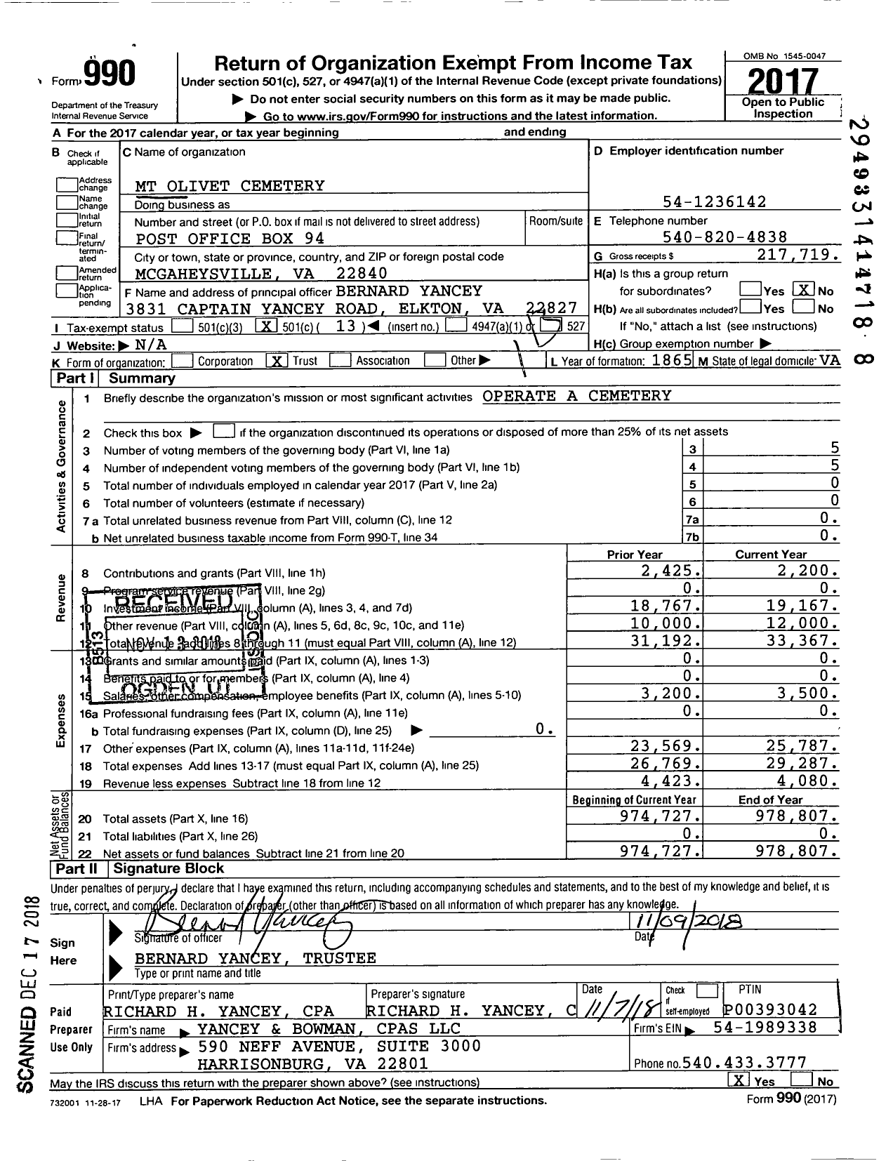 Image of first page of 2017 Form 990O for MT Olivet Cemetery