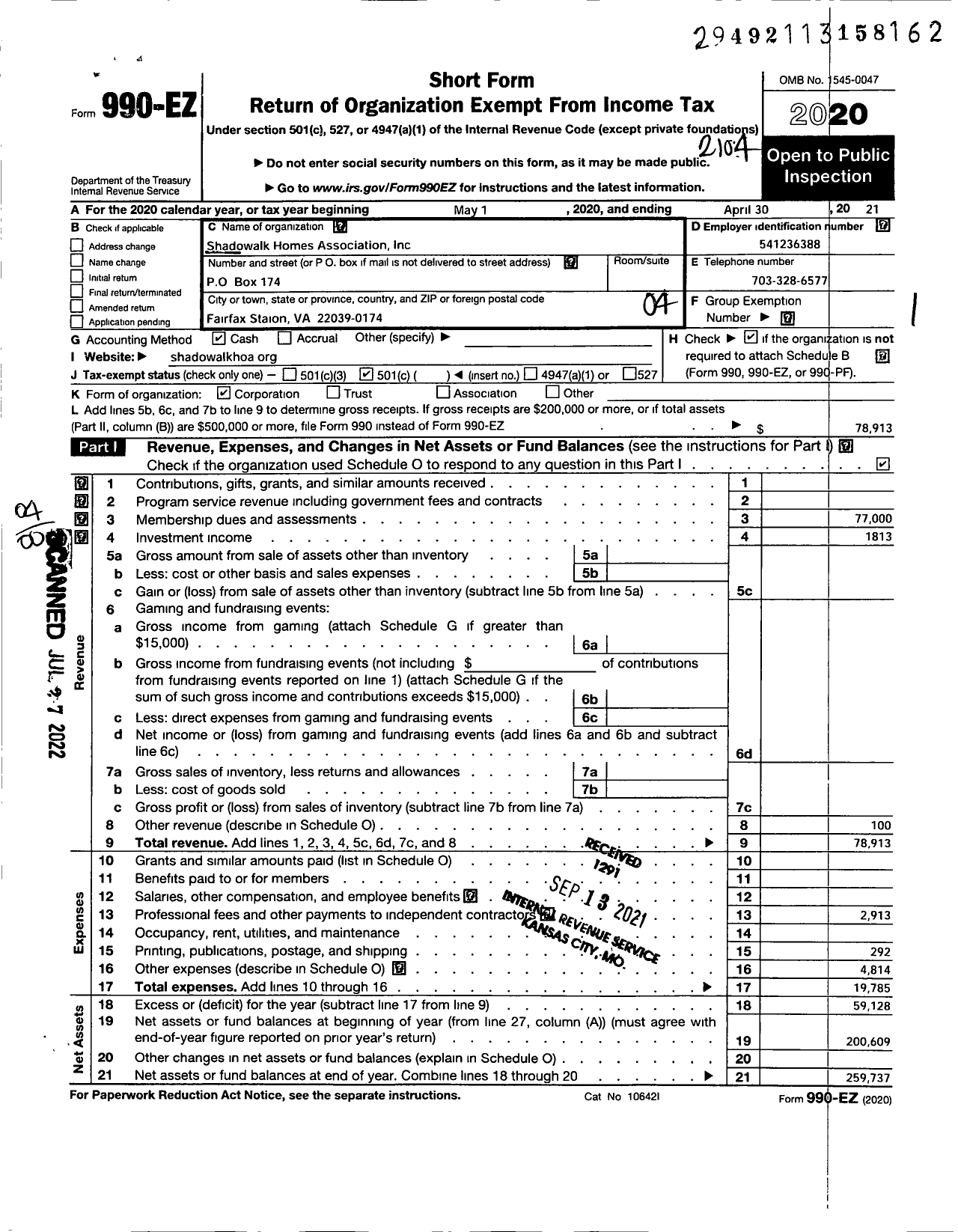 Image of first page of 2020 Form 990EO for Shadowalk Homes Association