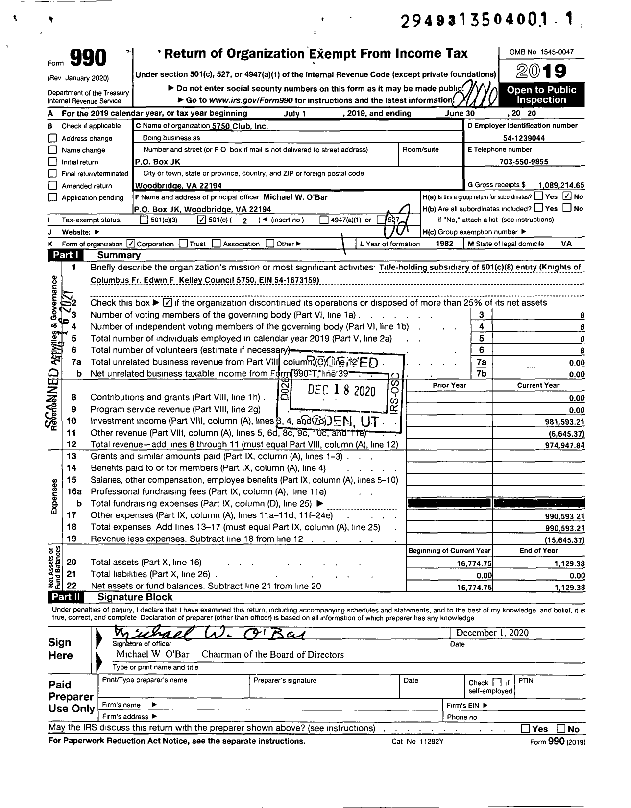 Image of first page of 2019 Form 990O for 5750 Club