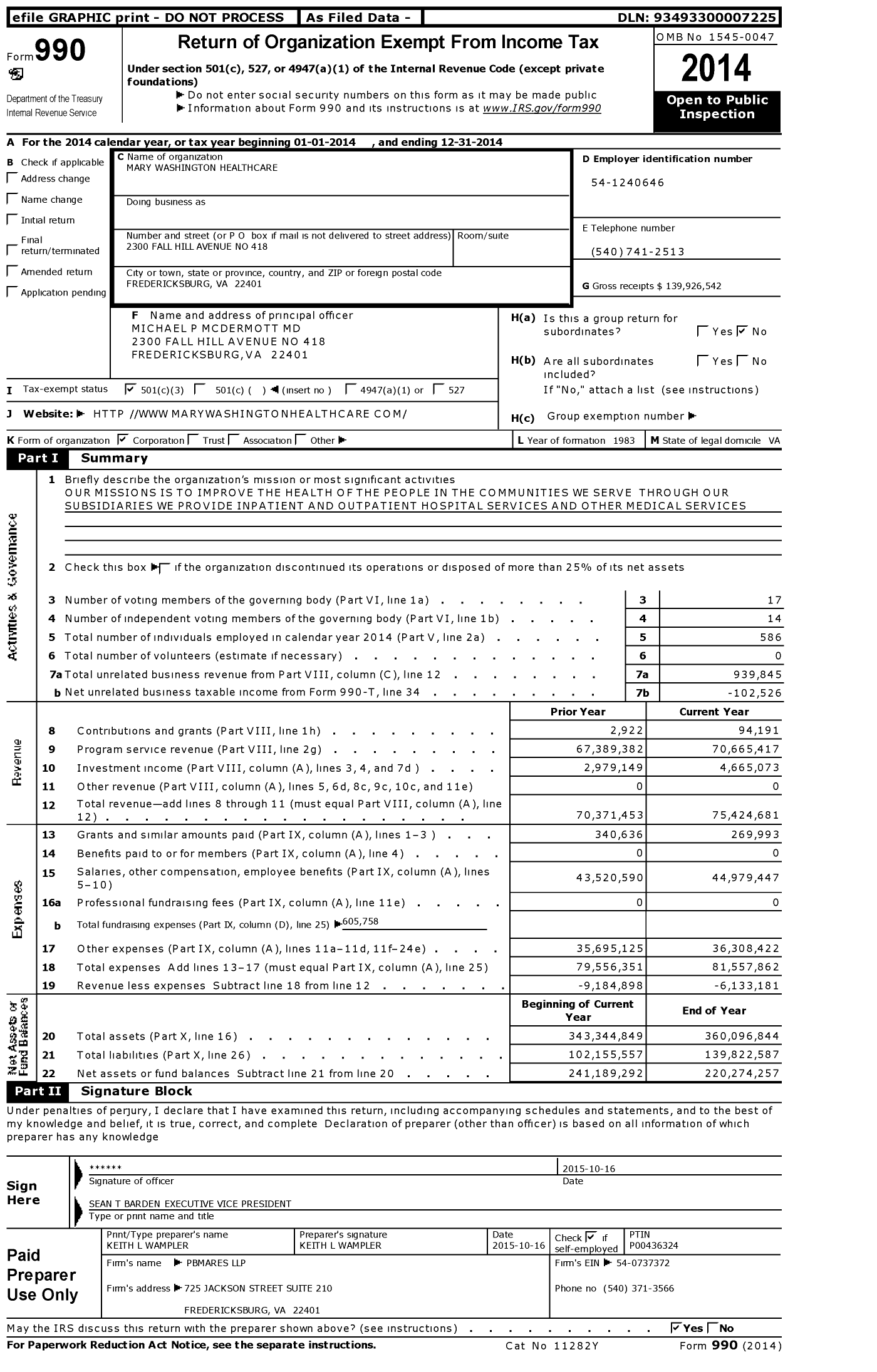 Image of first page of 2014 Form 990 for Mary Washington Healthcare