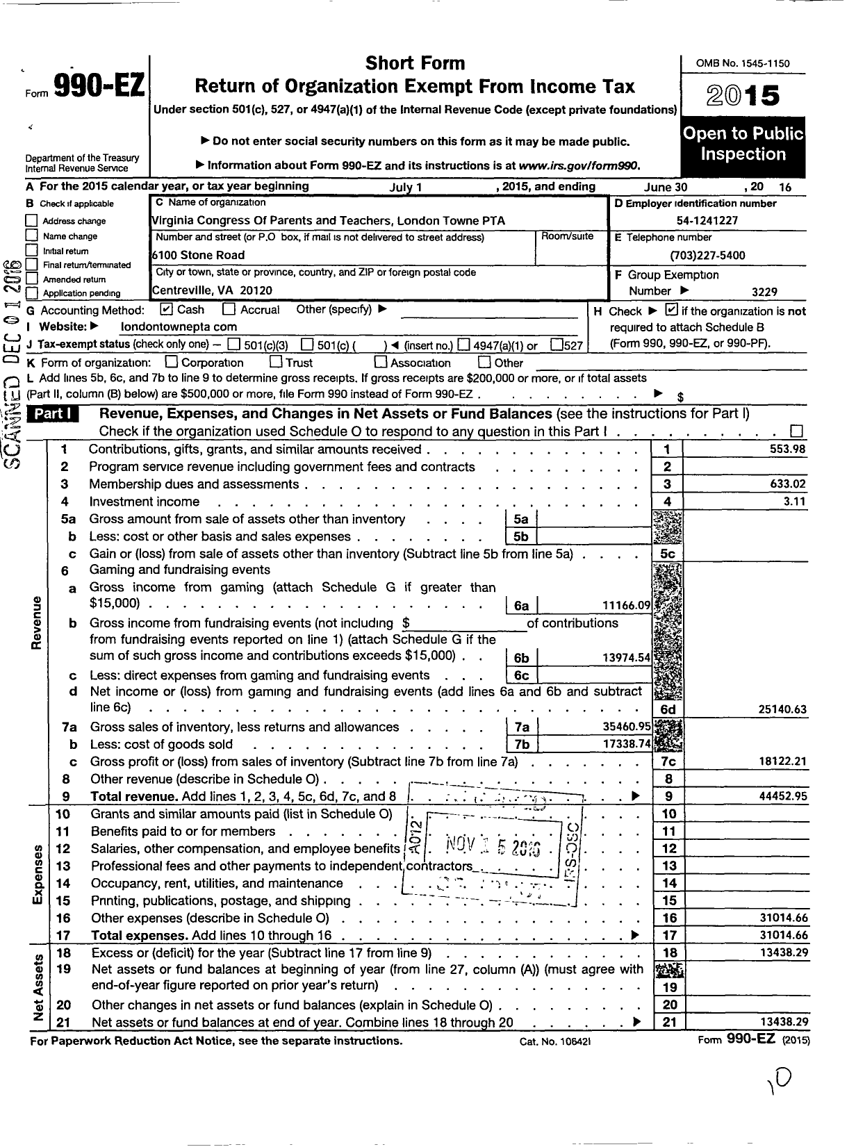 Image of first page of 2015 Form 990EO for Virginia PTA - London Towne Elem PTA