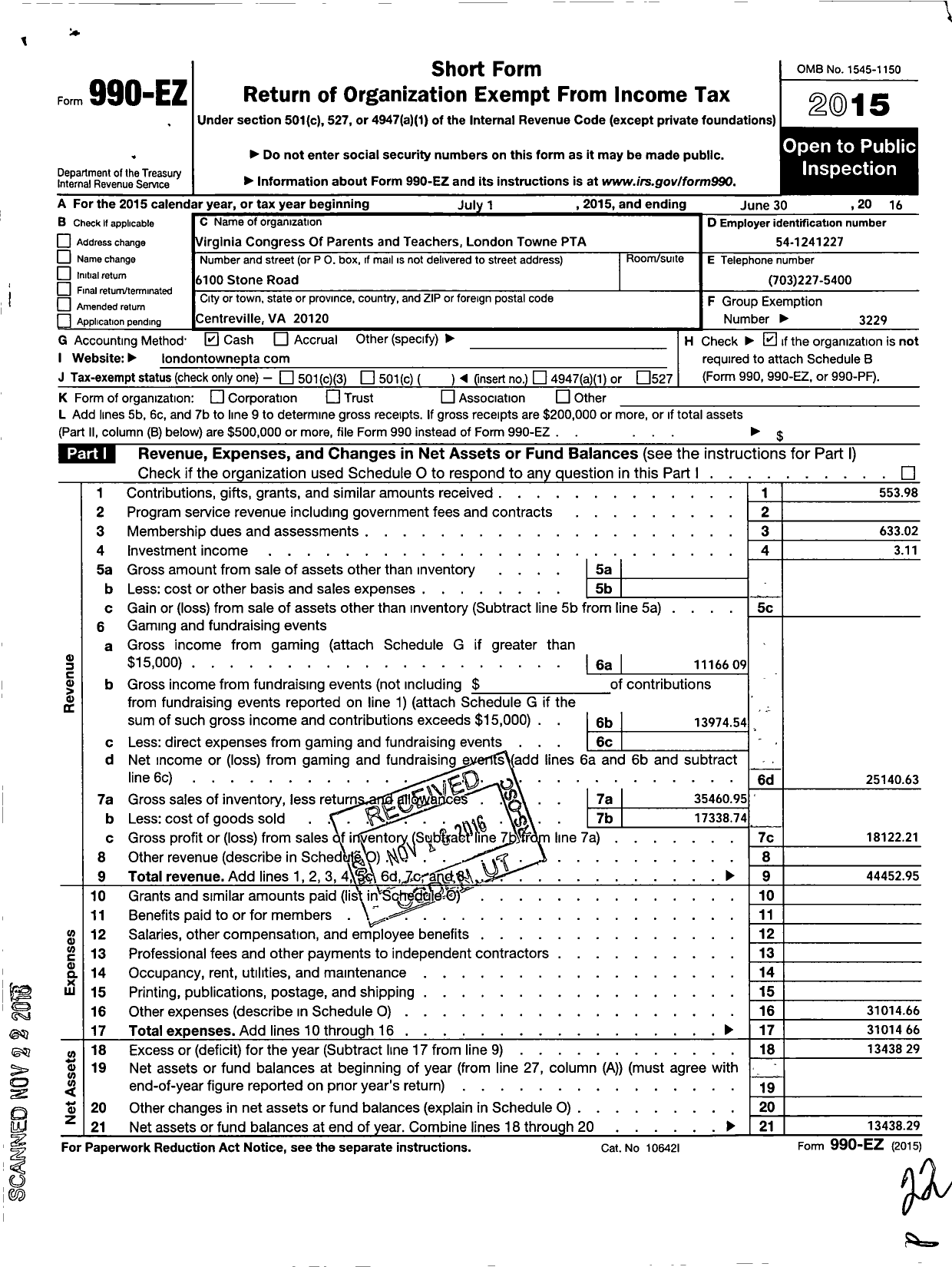 Image of first page of 2015 Form 990EO for Virginia PTA - London Towne Elem PTA