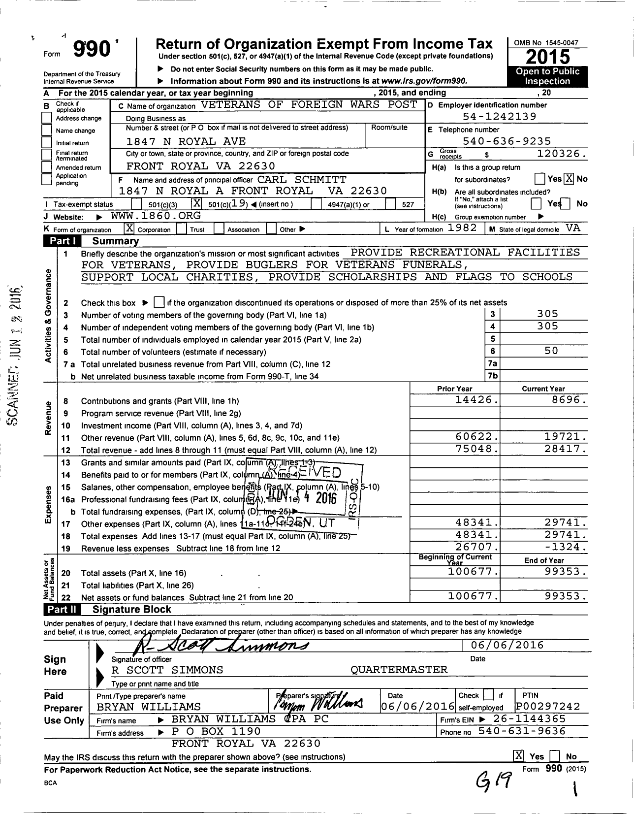 Image of first page of 2015 Form 990O for VFW Virginia - 1860 Front Royal