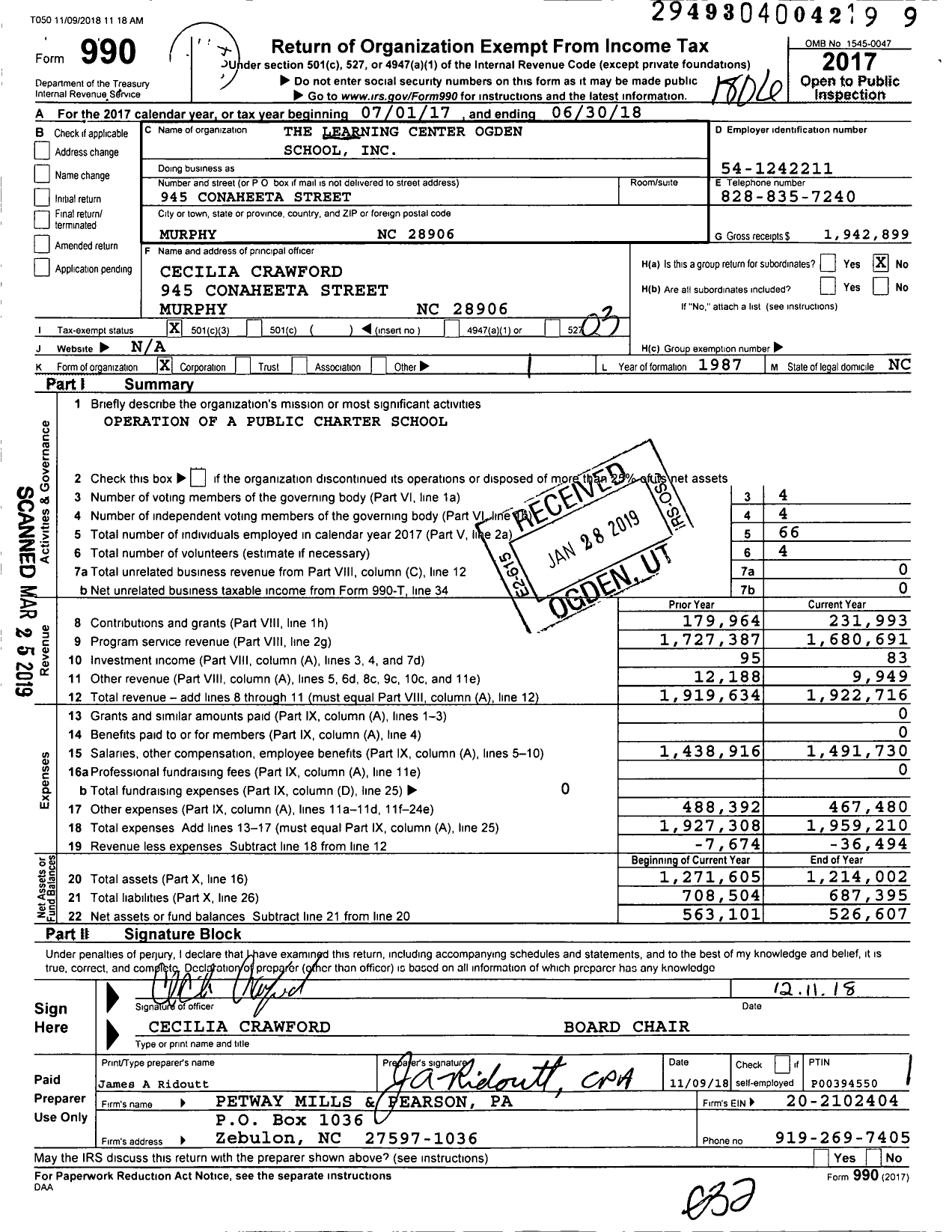 Image of first page of 2017 Form 990 for The Learning Center Ogden School