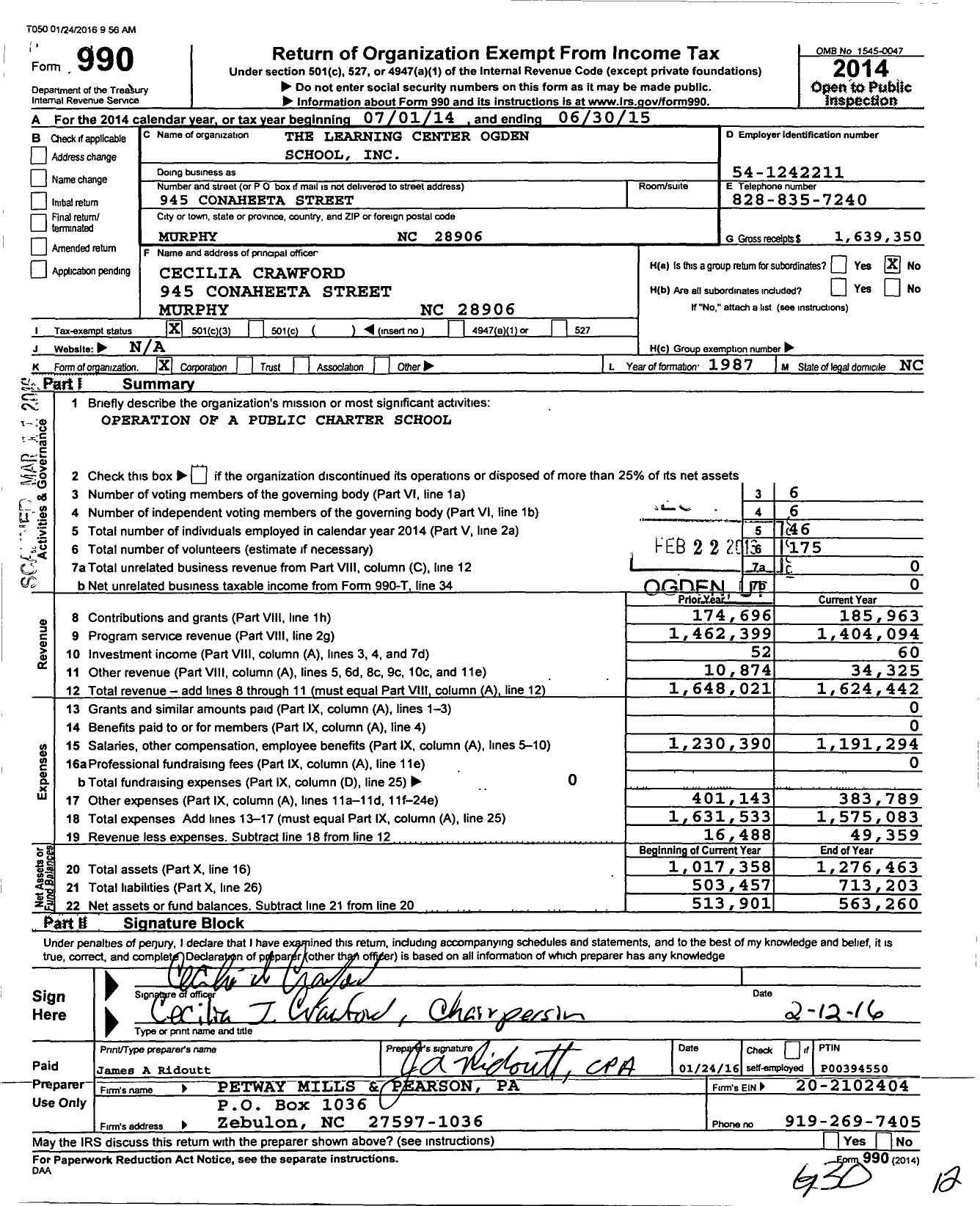Image of first page of 2014 Form 990 for The Learning Center Ogden School