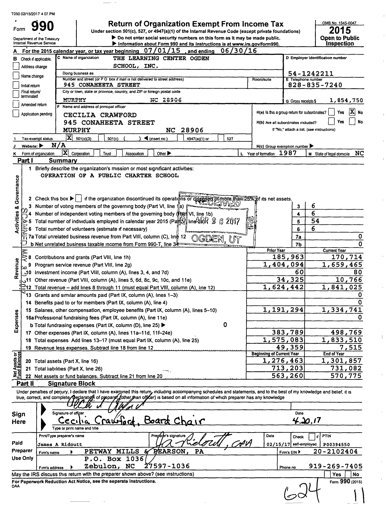 Image of first page of 2015 Form 990 for The Learning Center Ogden School
