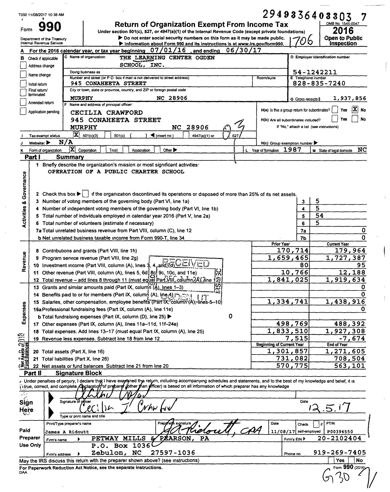 Image of first page of 2016 Form 990 for The Learning Center Ogden School