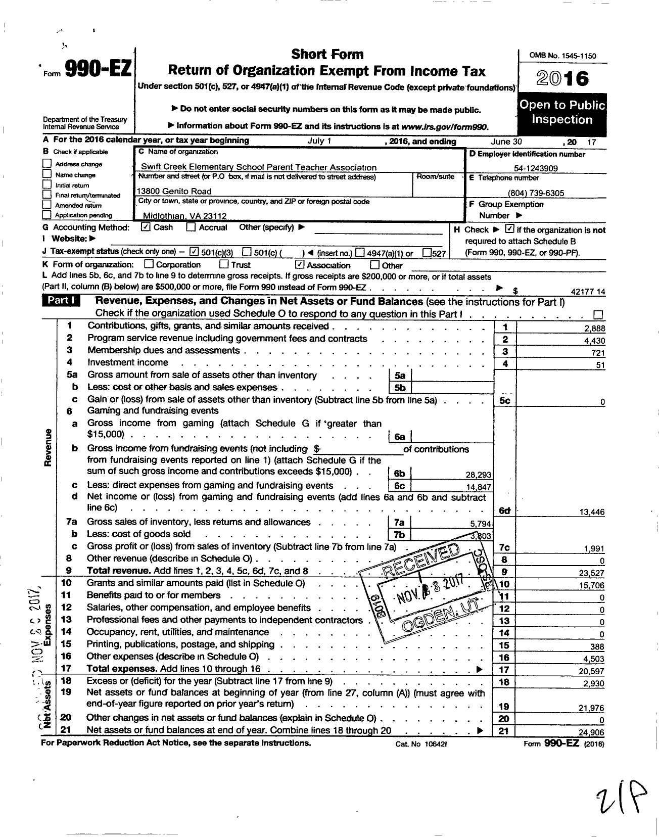 Image of first page of 2016 Form 990EZ for Virginia PTA - Swift Creek Elementary PTA