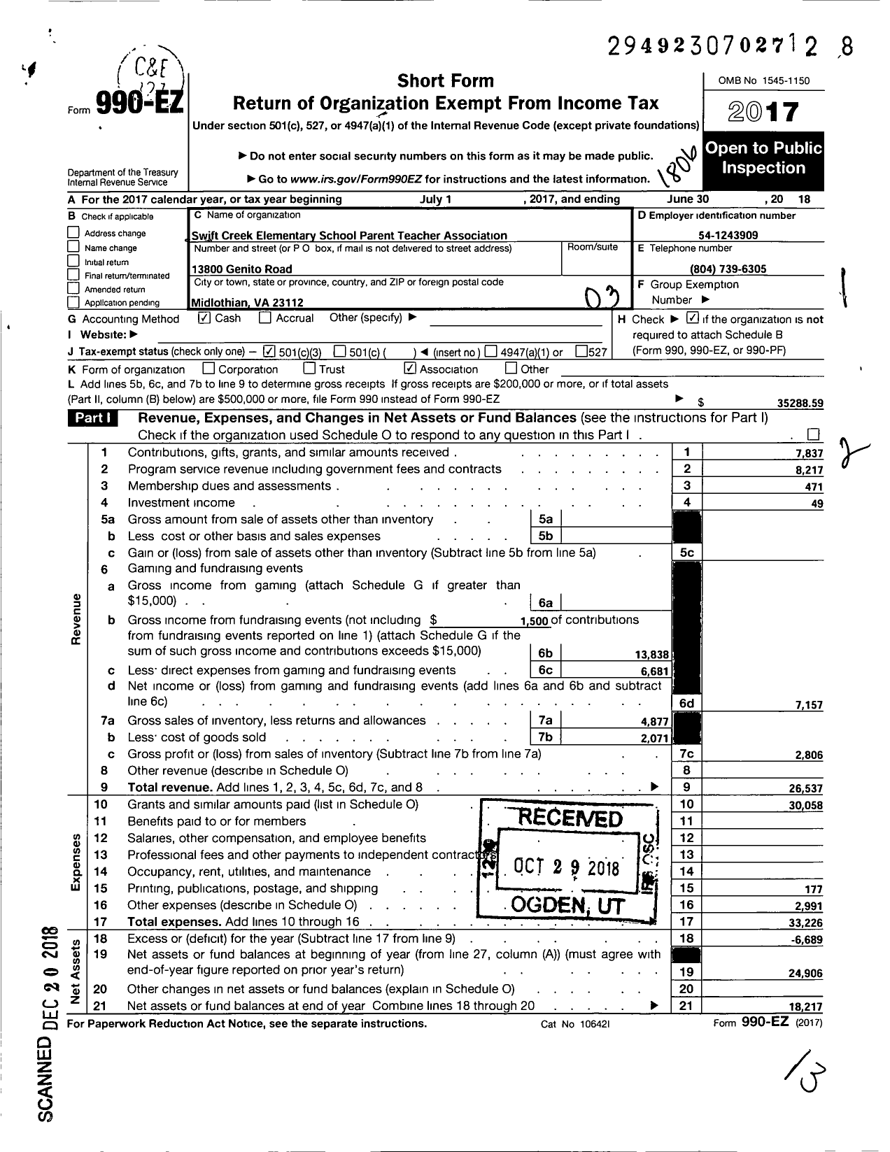 Image of first page of 2017 Form 990EZ for Virginia PTA - Swift Creek Elementary PTA