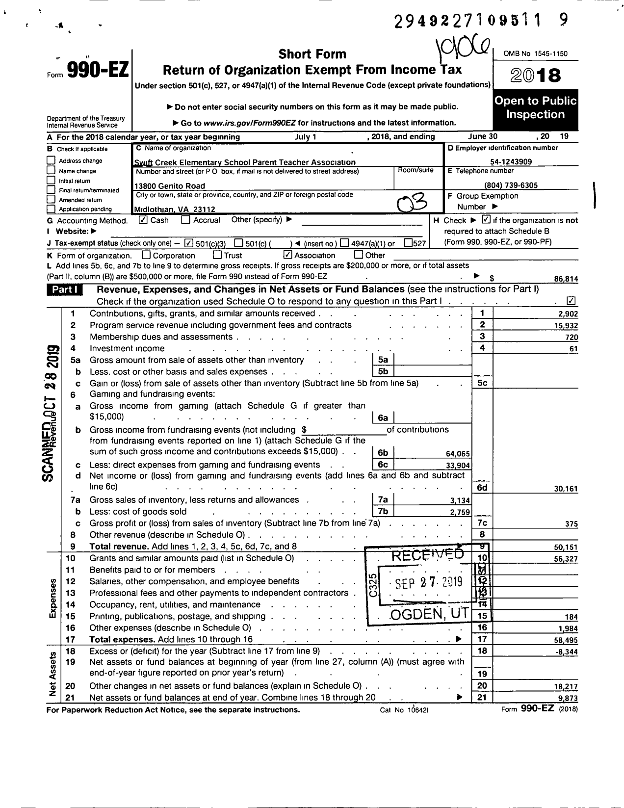 Image of first page of 2018 Form 990EZ for Virginia PTA - Swift Creek Elementary PTA