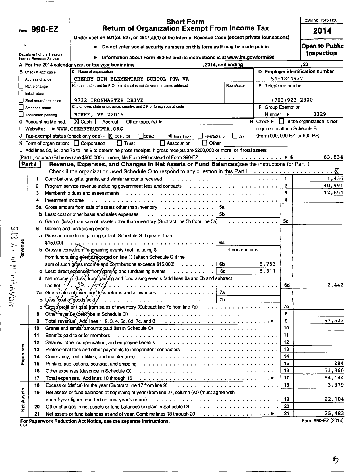 Image of first page of 2014 Form 990EZ for Virginia PTA - Cherry Run Elem PTA