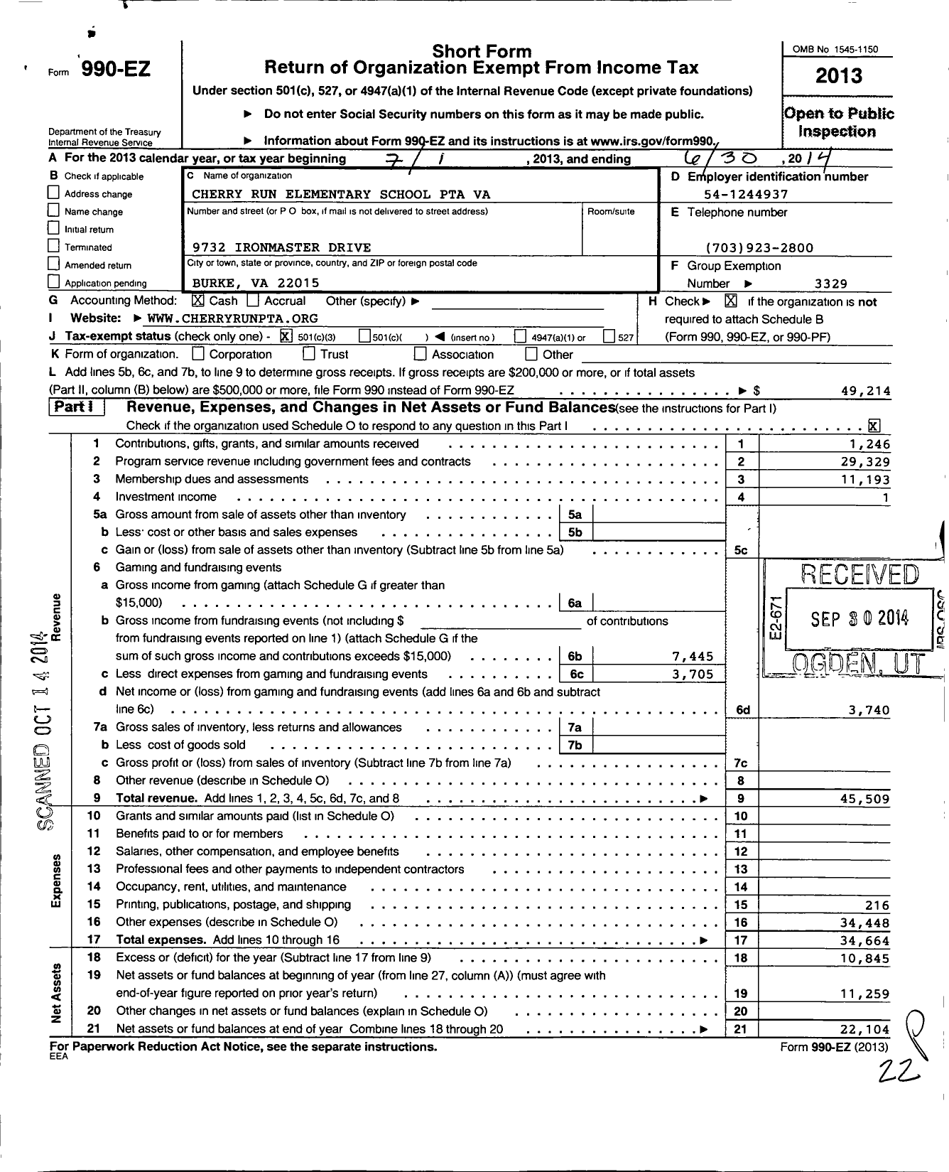 Image of first page of 2013 Form 990EZ for Virginia PTA - Cherry Run Elem PTA