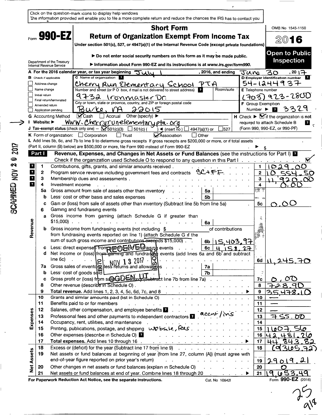 Image of first page of 2016 Form 990EZ for Virginia PTA - Cherry Run Elem PTA