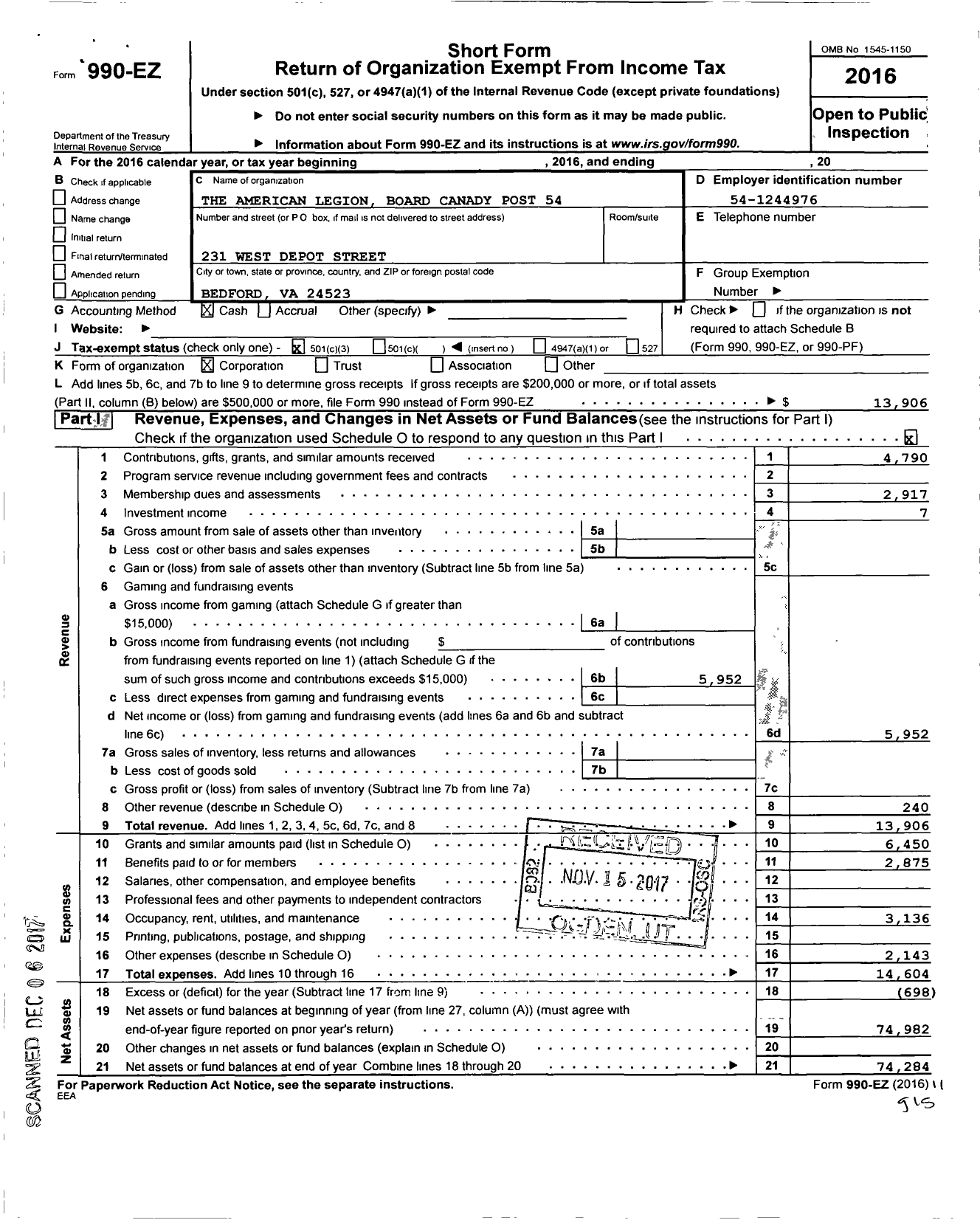 Image of first page of 2016 Form 990EZ for American Legion Auxiliary - 54 Board-Canady