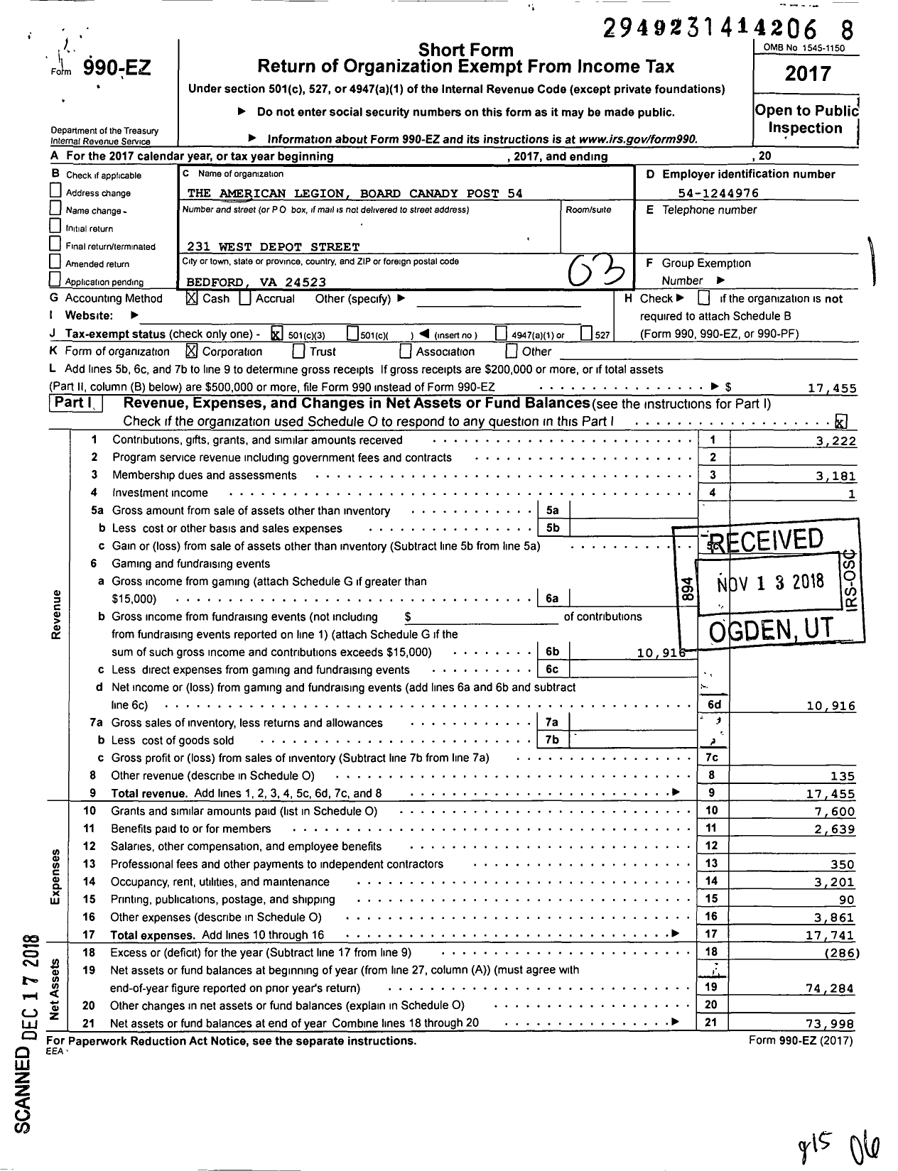 Image of first page of 2017 Form 990EZ for American Legion Auxiliary - 54 Board-Canady