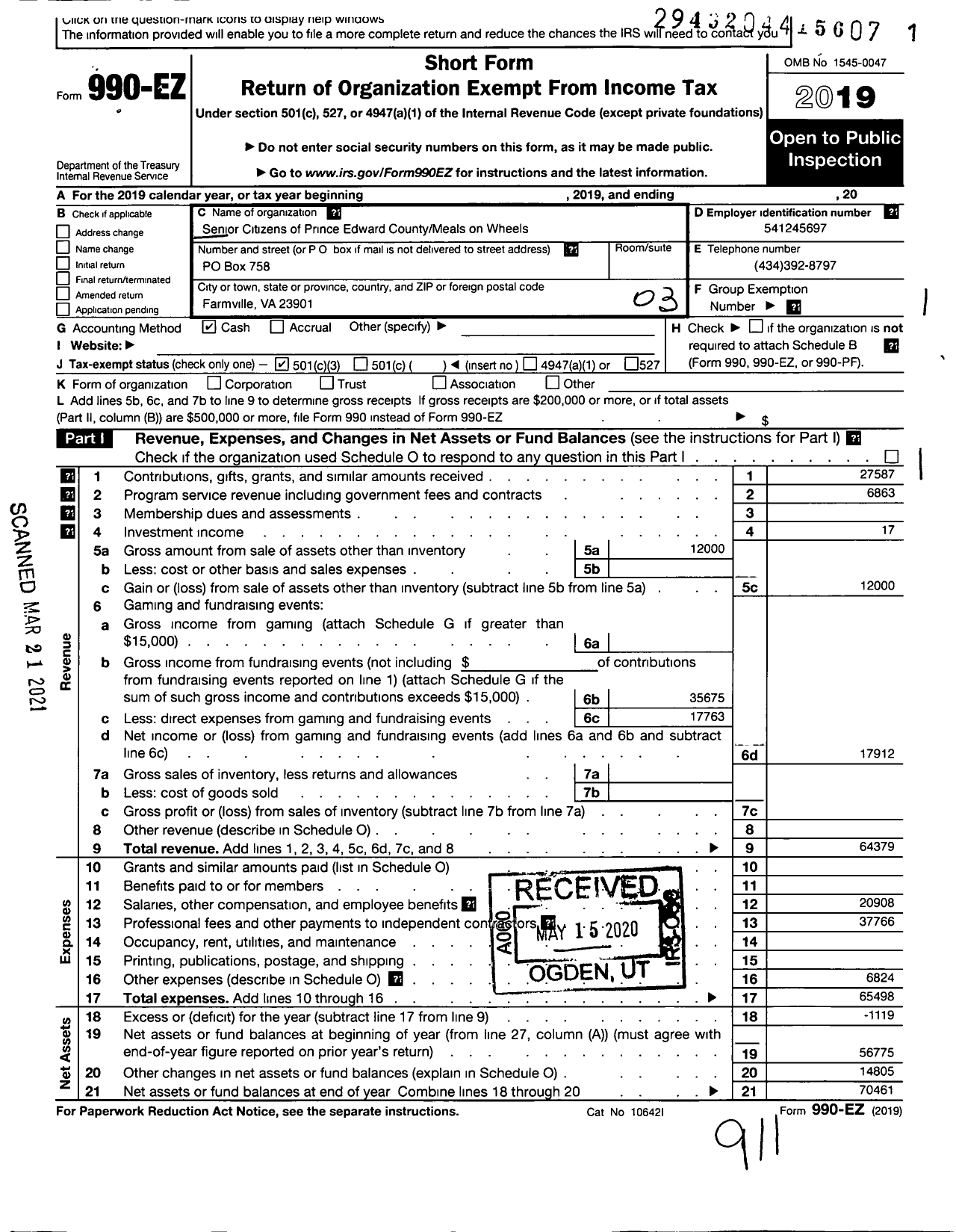 Image of first page of 2019 Form 990EZ for Senior Citizens of Prince Edward CountyMeals on Wheels