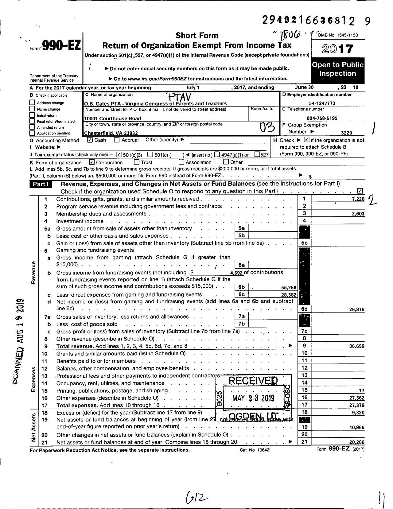 Image of first page of 2017 Form 990EZ for Virginia PTA - O B Gates Elem PTA