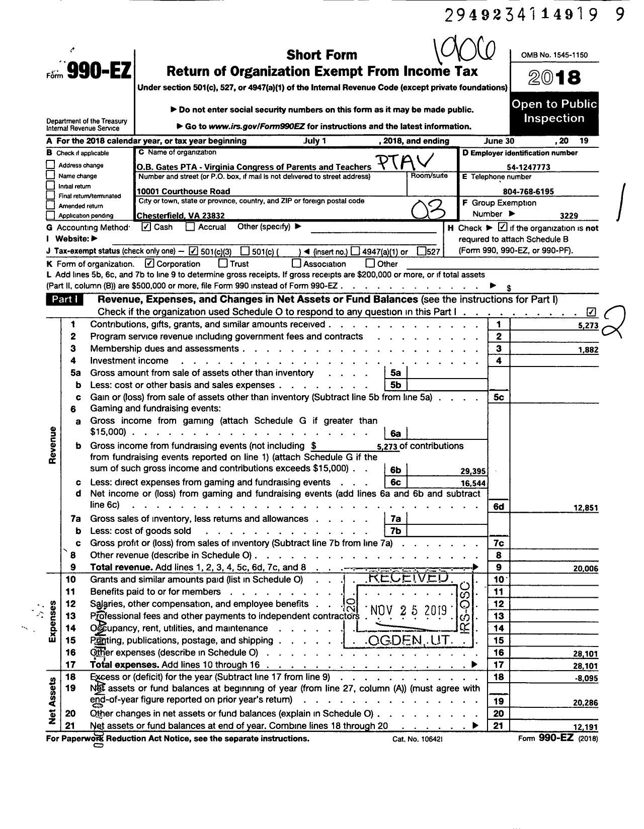 Image of first page of 2018 Form 990EZ for Virginia PTA - O B Gates Elem PTA