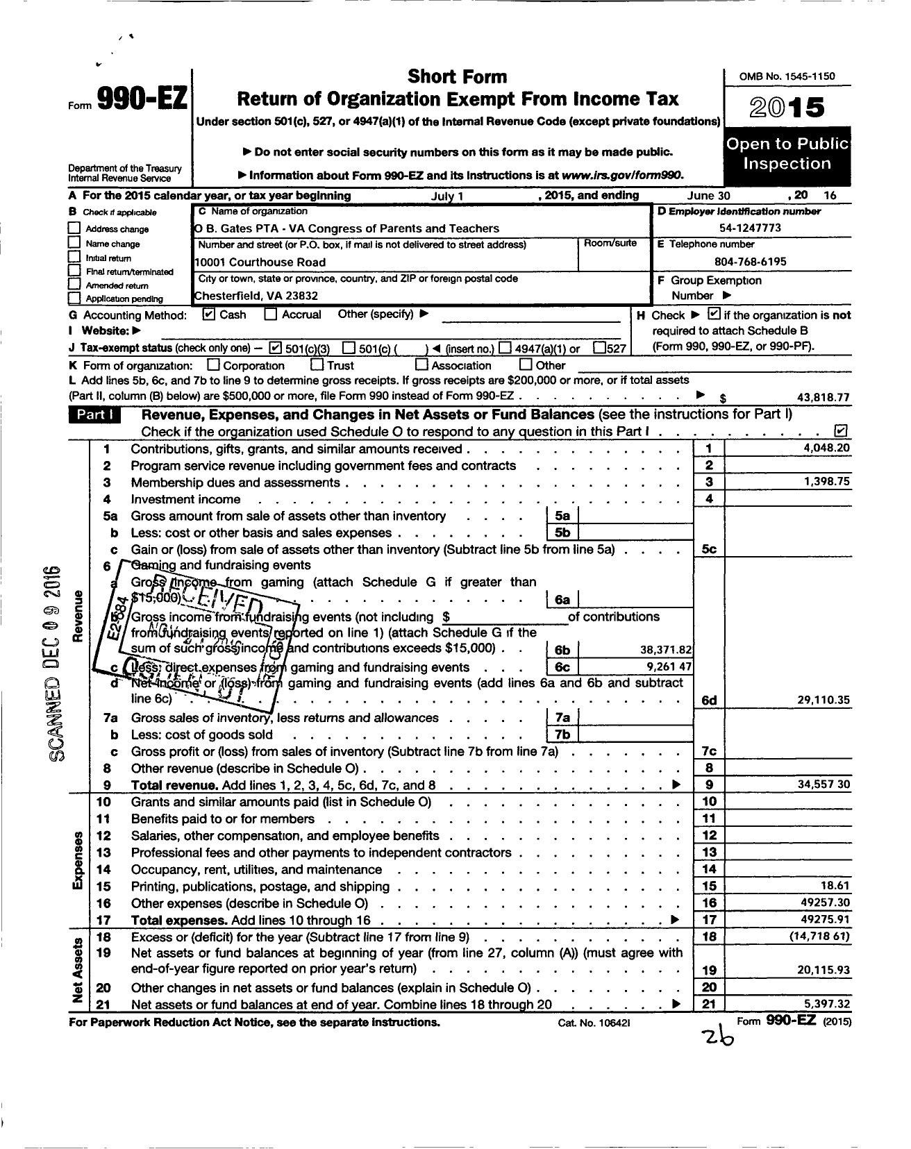 Image of first page of 2015 Form 990EZ for Virginia PTA - O B Gates Elem PTA