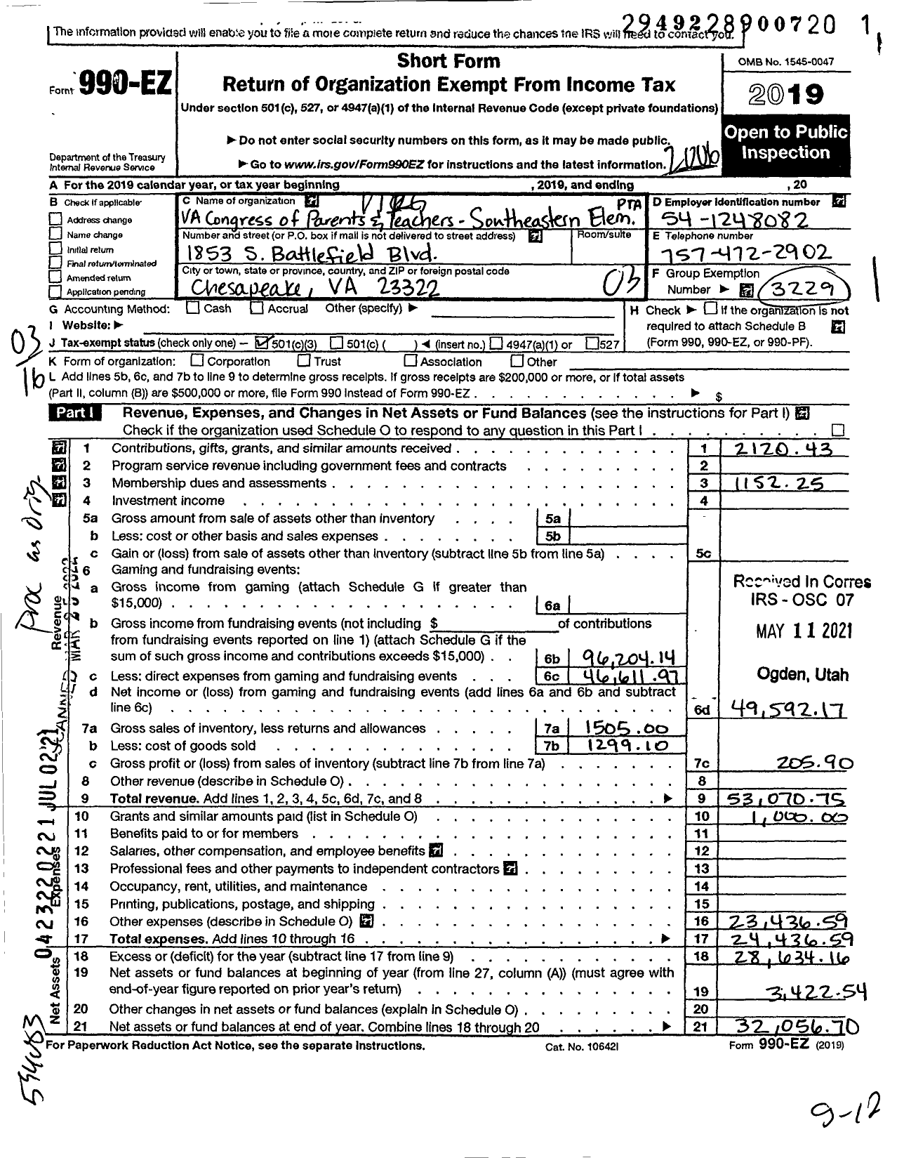 Image of first page of 2019 Form 990EZ for Virginia PTA - Southeastern Elem PTA