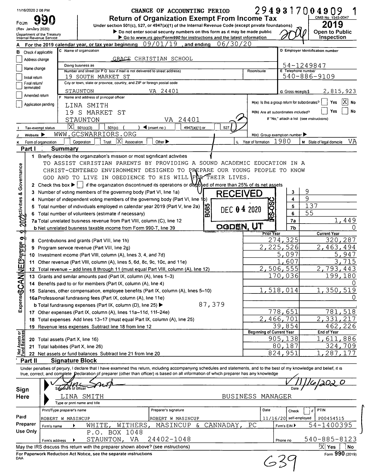 Image of first page of 2019 Form 990 for Grace Christian School