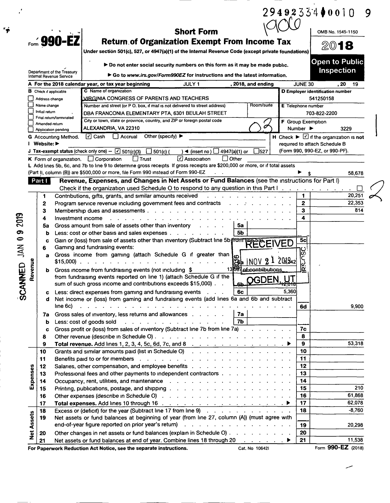 Image of first page of 2018 Form 990EZ for Virginia PTA - Franconia Elem PTA