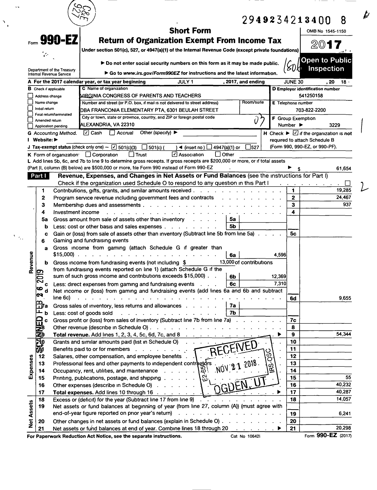 Image of first page of 2017 Form 990EZ for Virginia PTA - Franconia Elem PTA