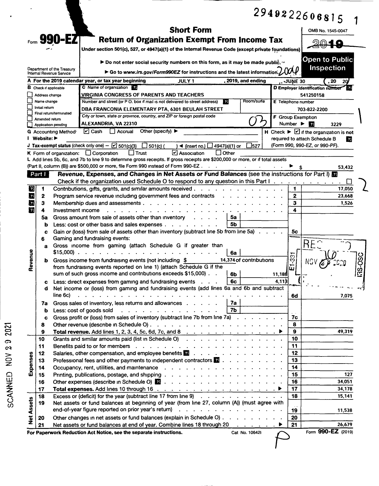 Image of first page of 2019 Form 990EZ for Virginia PTA - Franconia Elem PTA