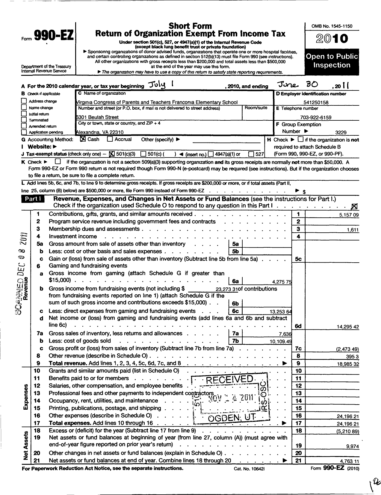 Image of first page of 2010 Form 990EZ for Virginia PTA - Franconia Elem PTA