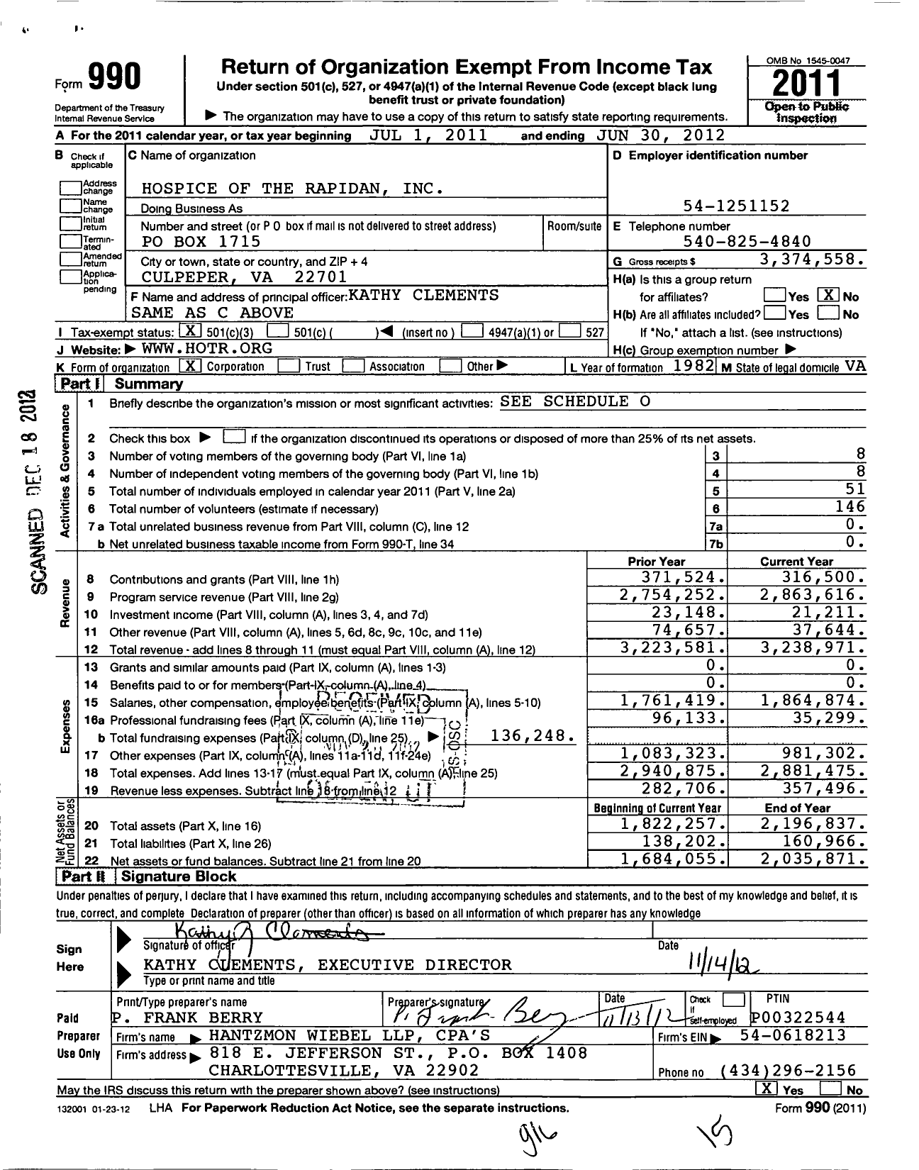 Image of first page of 2011 Form 990 for Hospice of the Rapidan
