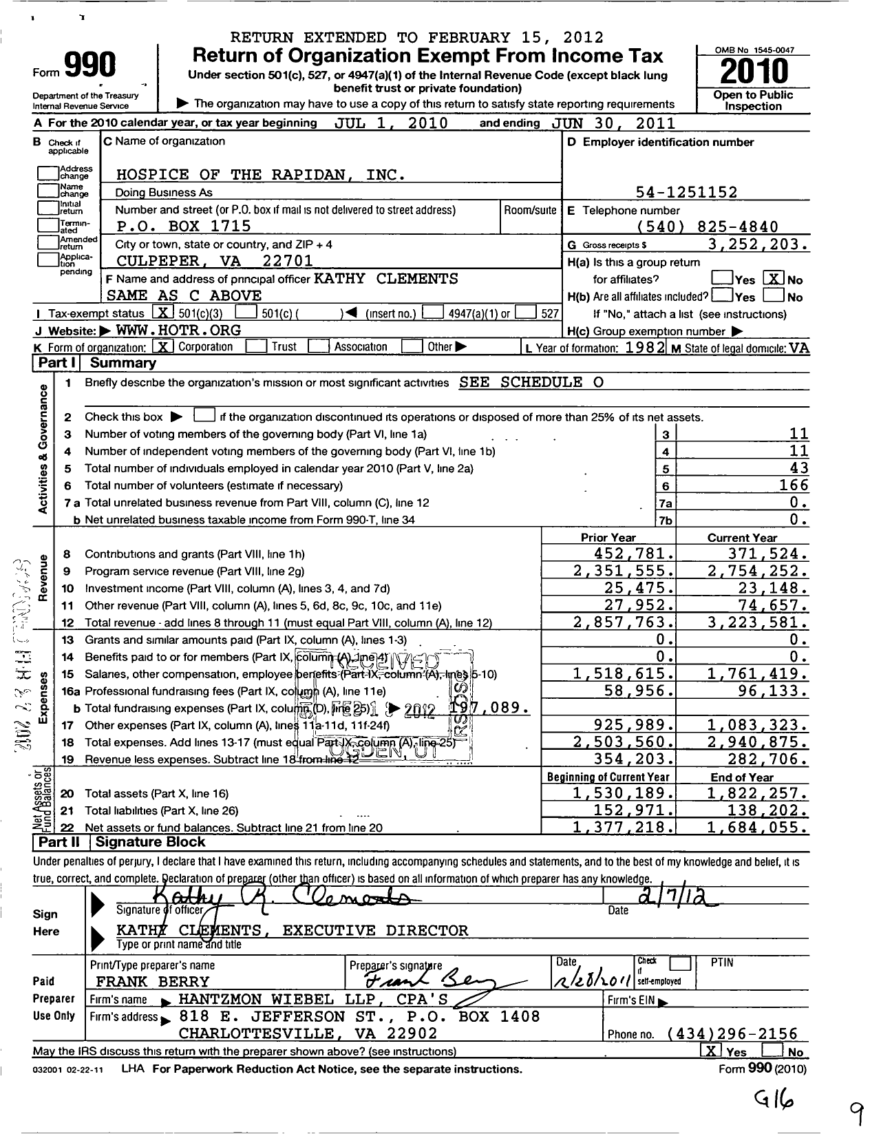 Image of first page of 2010 Form 990 for Hospice of the Rapidan