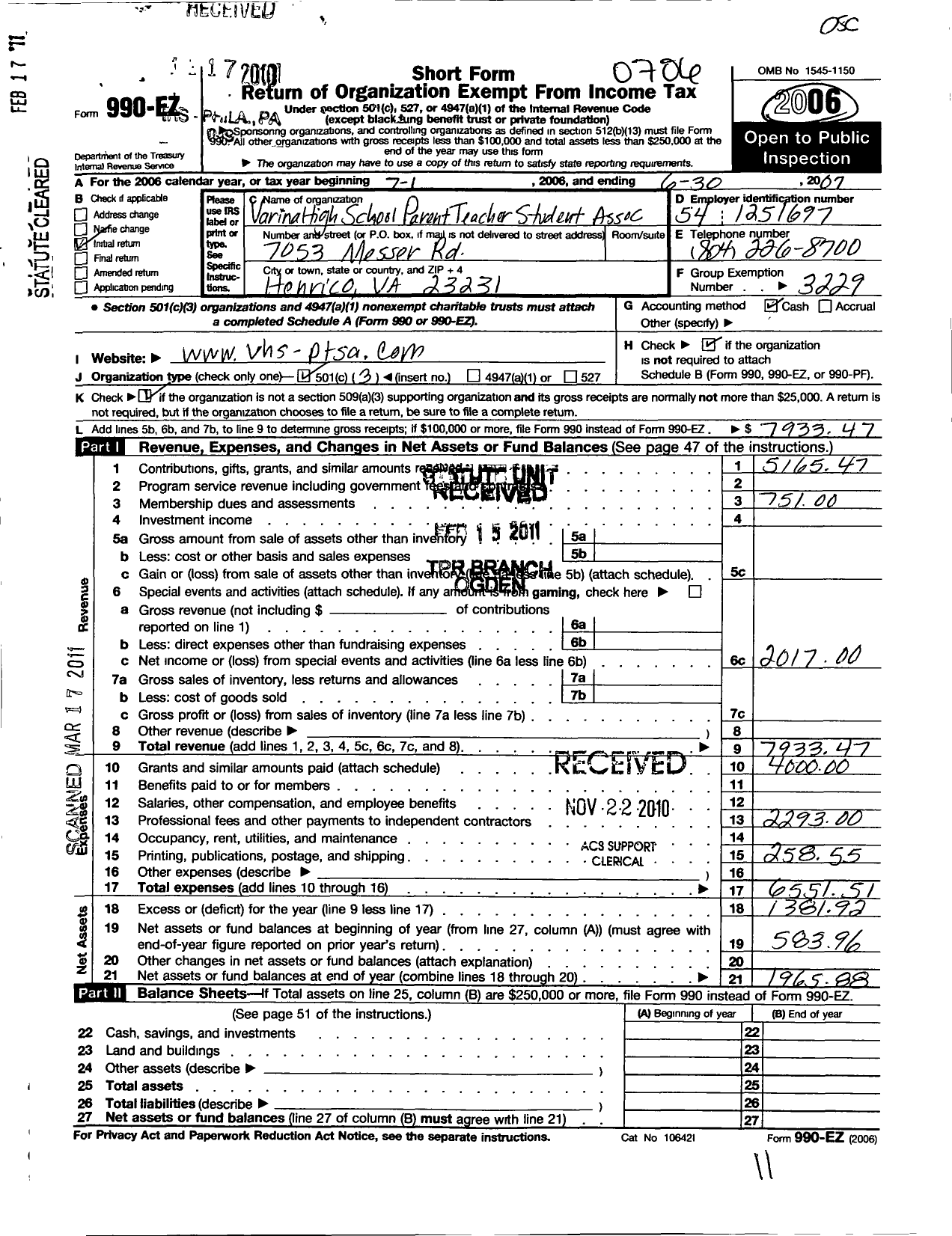 Image of first page of 2006 Form 990EZ for Virginia PTA - Varina High Ptsa