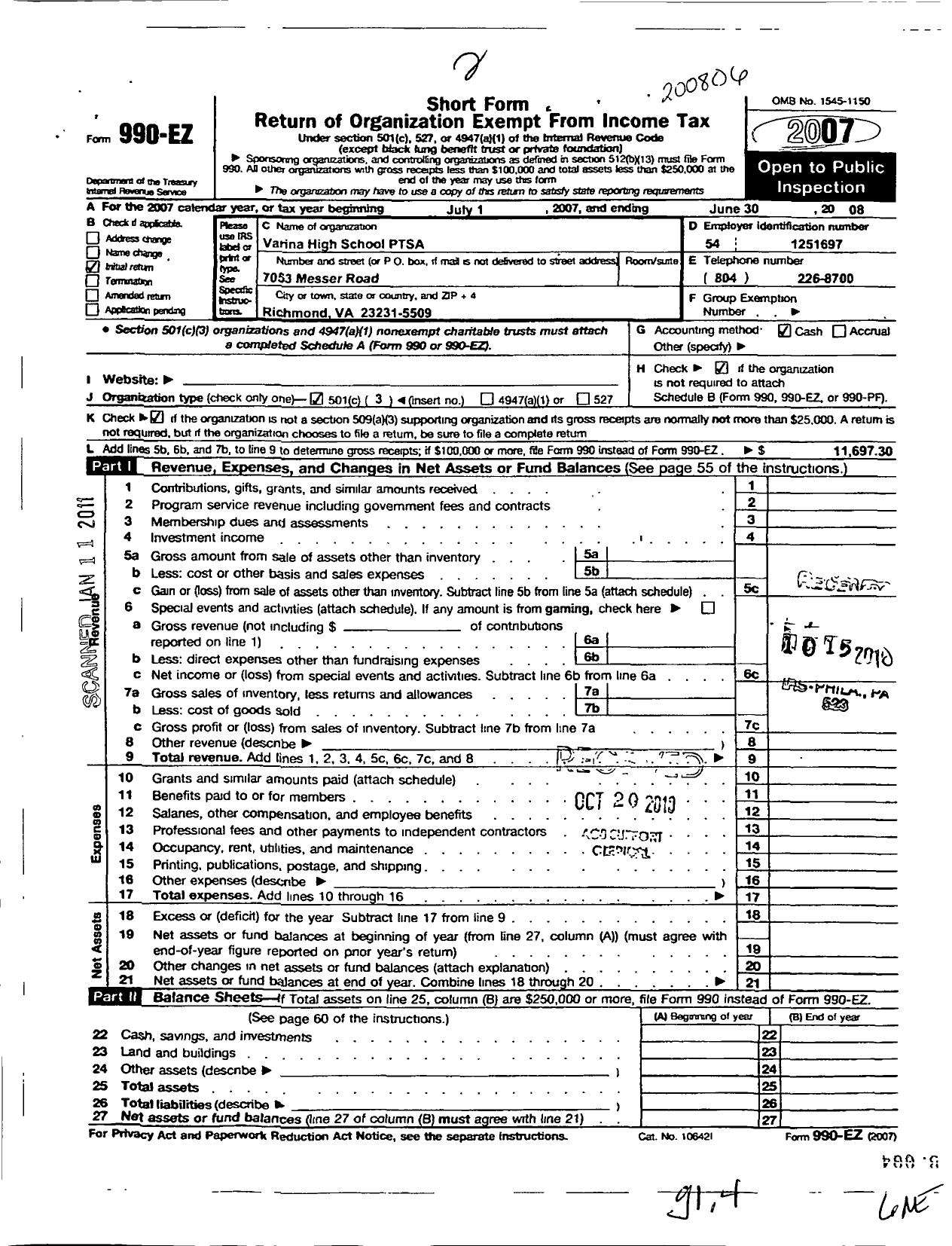 Image of first page of 2007 Form 990EZ for Virginia PTA - Varina High Ptsa