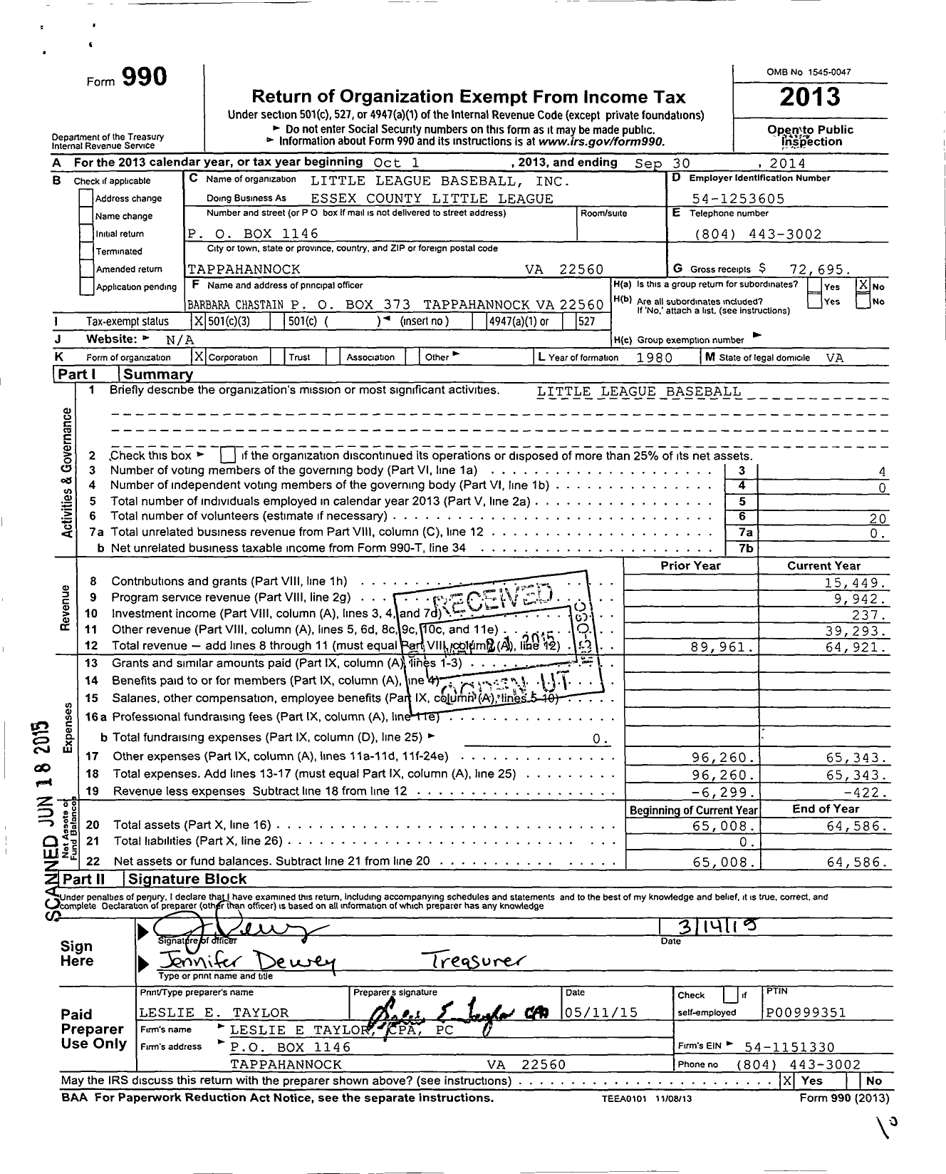 Image of first page of 2013 Form 990 for Little League Baseball - 3461508 Essex County LL