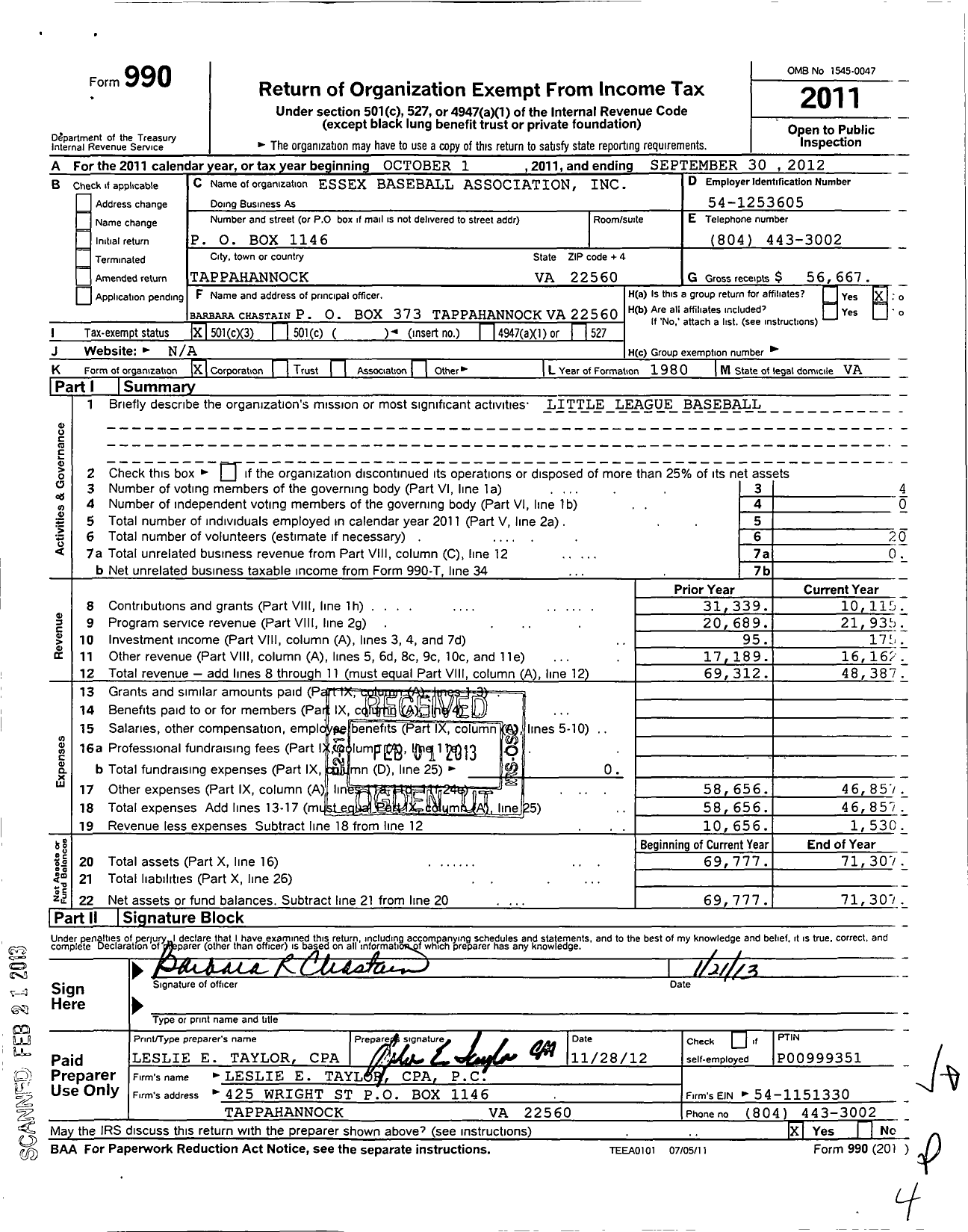 Image of first page of 2011 Form 990 for Little League Baseball - 3461508 Essex County LL