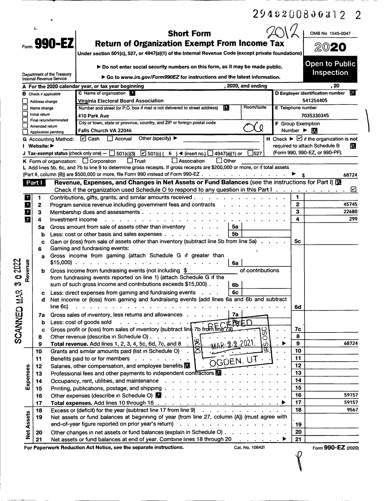 Image of first page of 2020 Form 990EO for Virginia Electoral Board Association