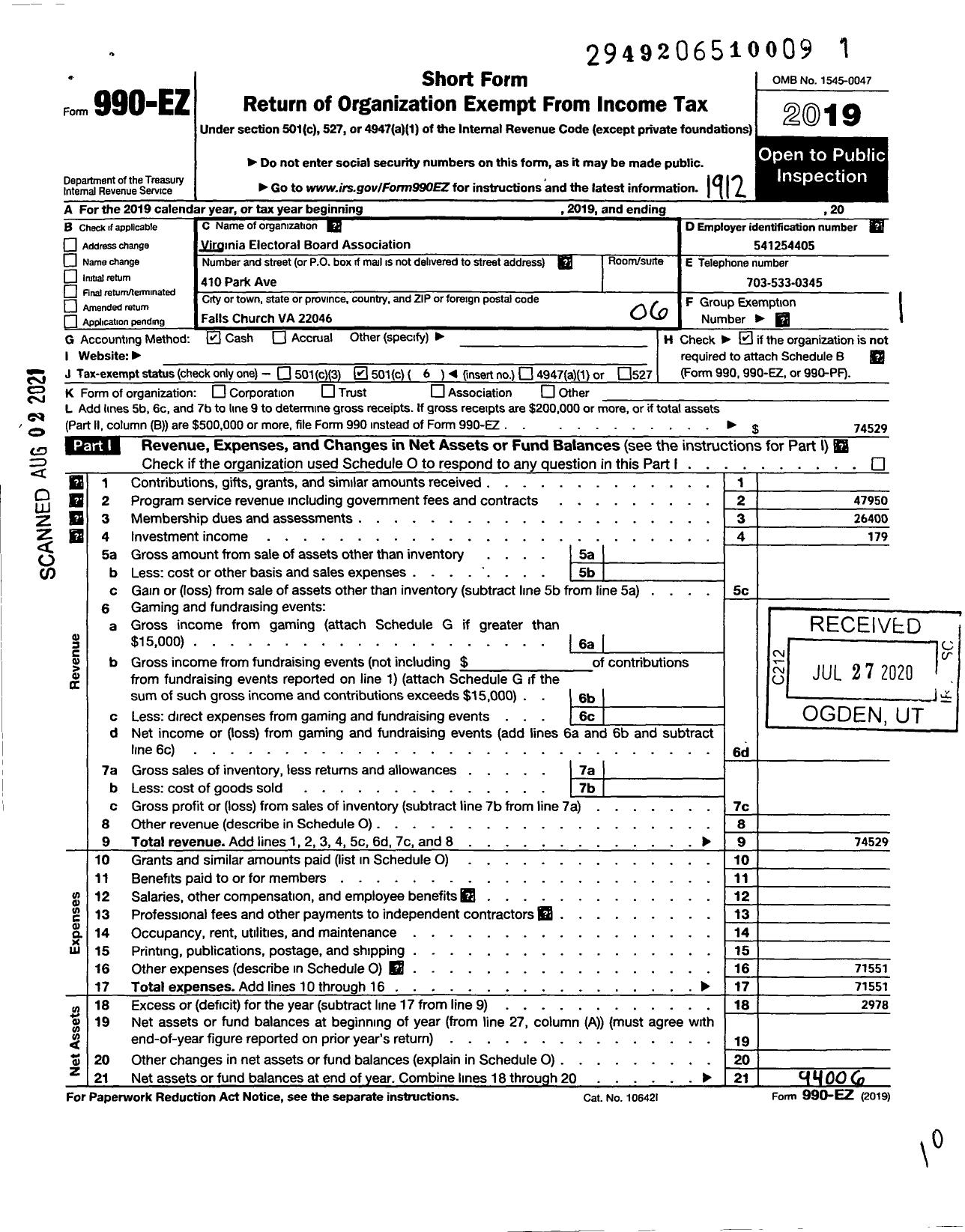 Image of first page of 2019 Form 990EO for Virginia Electoral Board Association