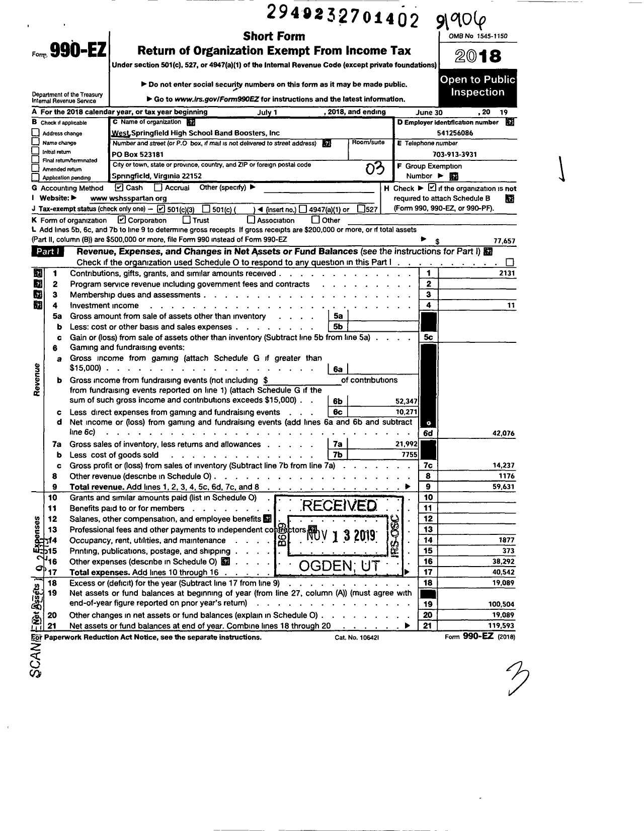 Image of first page of 2018 Form 990EZ for West Springfield HS Band Boosters