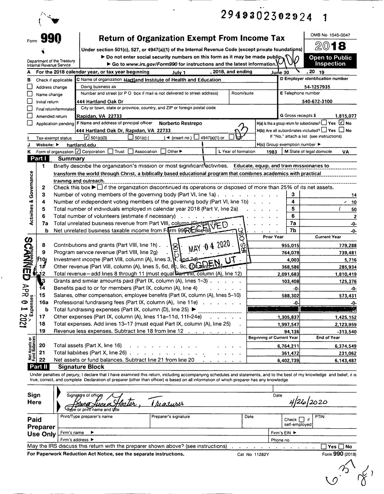 Image of first page of 2018 Form 990 for Hartland Institute of Health and Education