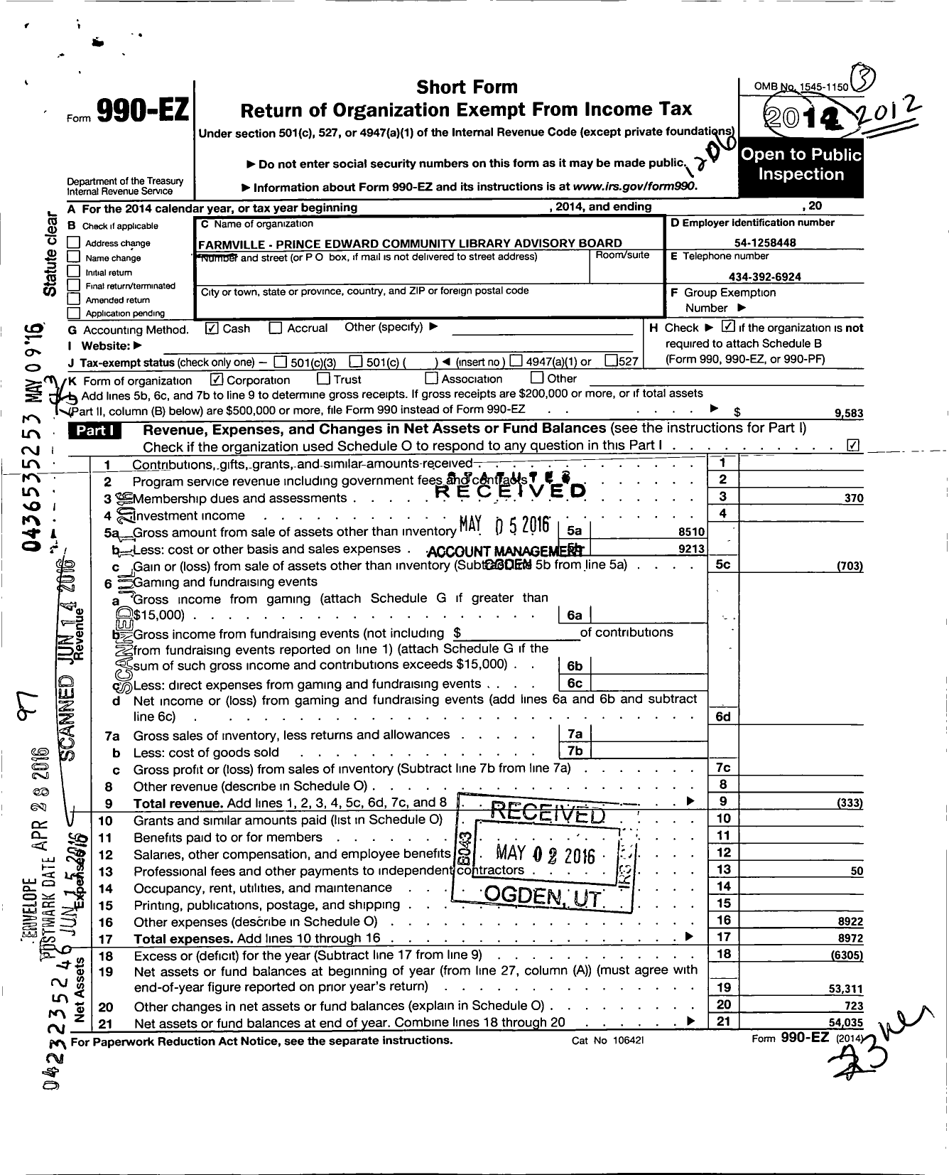 Image of first page of 2011 Form 990EO for Farmville-Prince Edward Community Library