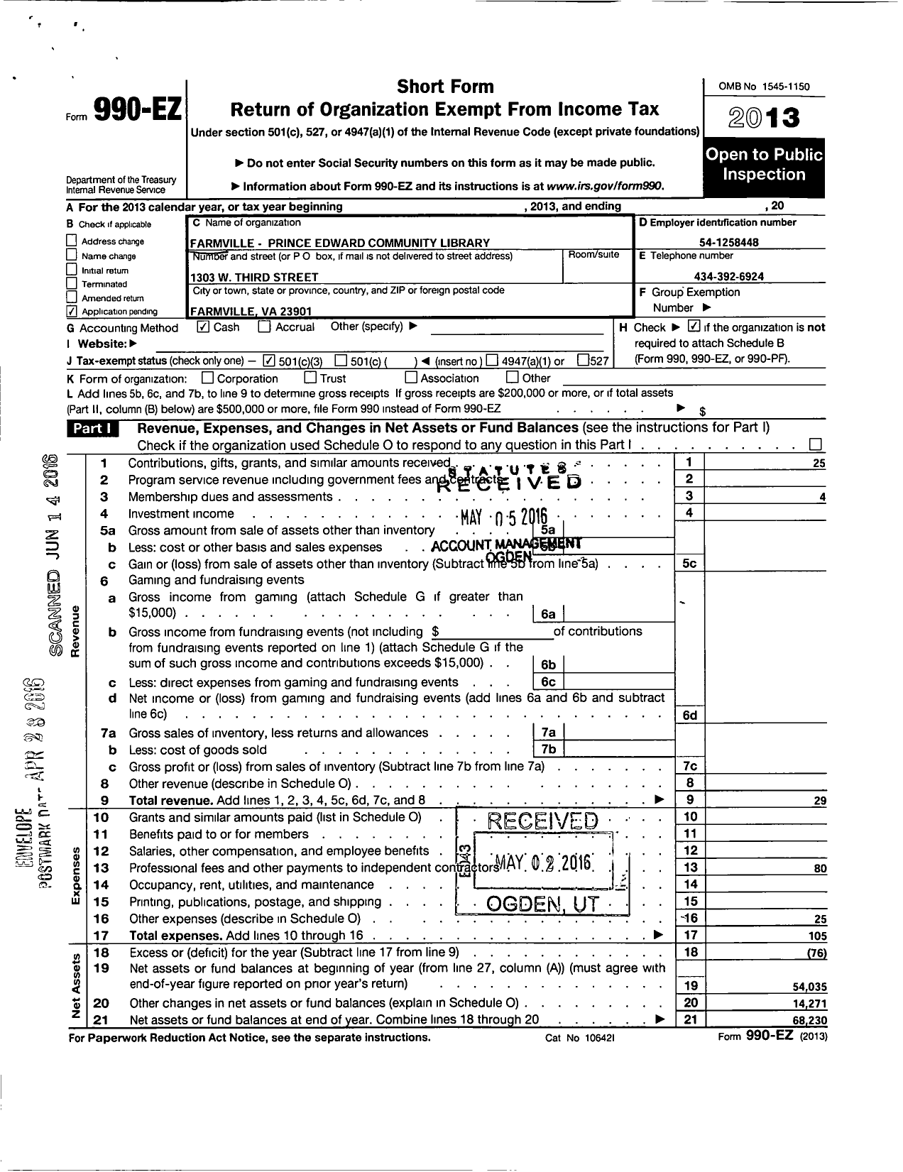 Image of first page of 2013 Form 990EO for Farmville-Prince Edward Community Library