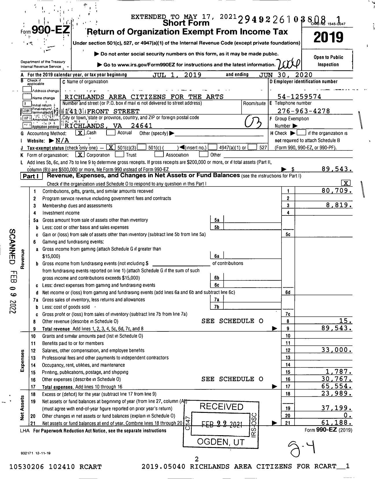 Image of first page of 2019 Form 990EZ for Richlands Area Citizens for the Arts