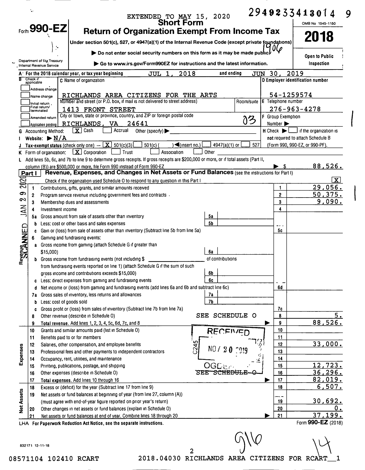 Image of first page of 2018 Form 990EZ for Richlands Area Citizens for the Arts