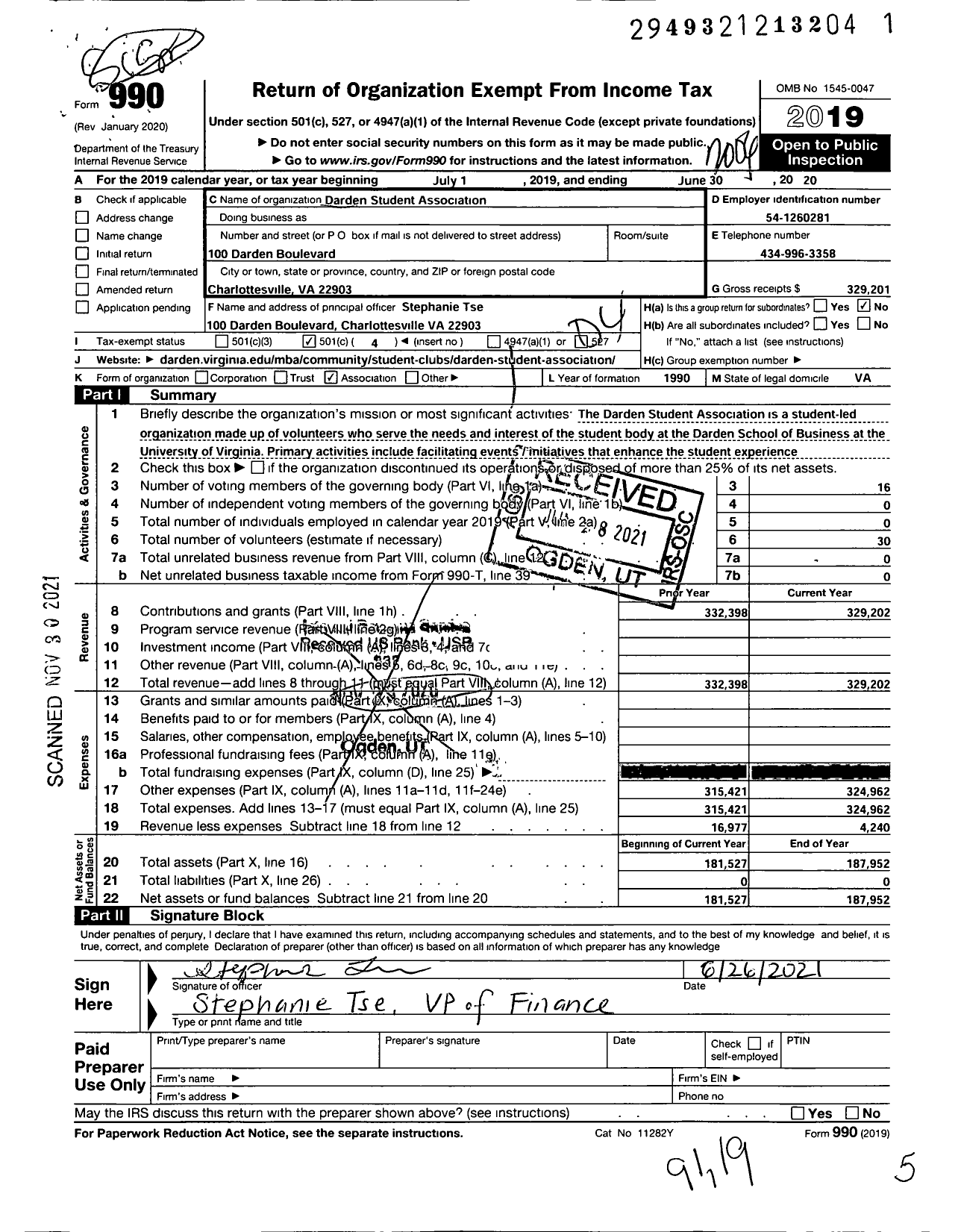 Image of first page of 2019 Form 990O for Darden Student Association