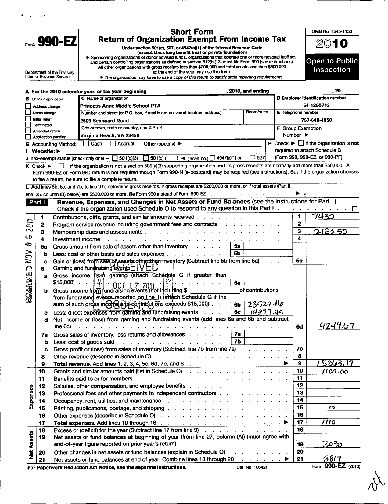 Image of first page of 2010 Form 990EO for Virginia PTA - Princess Anne Middle Ptsa